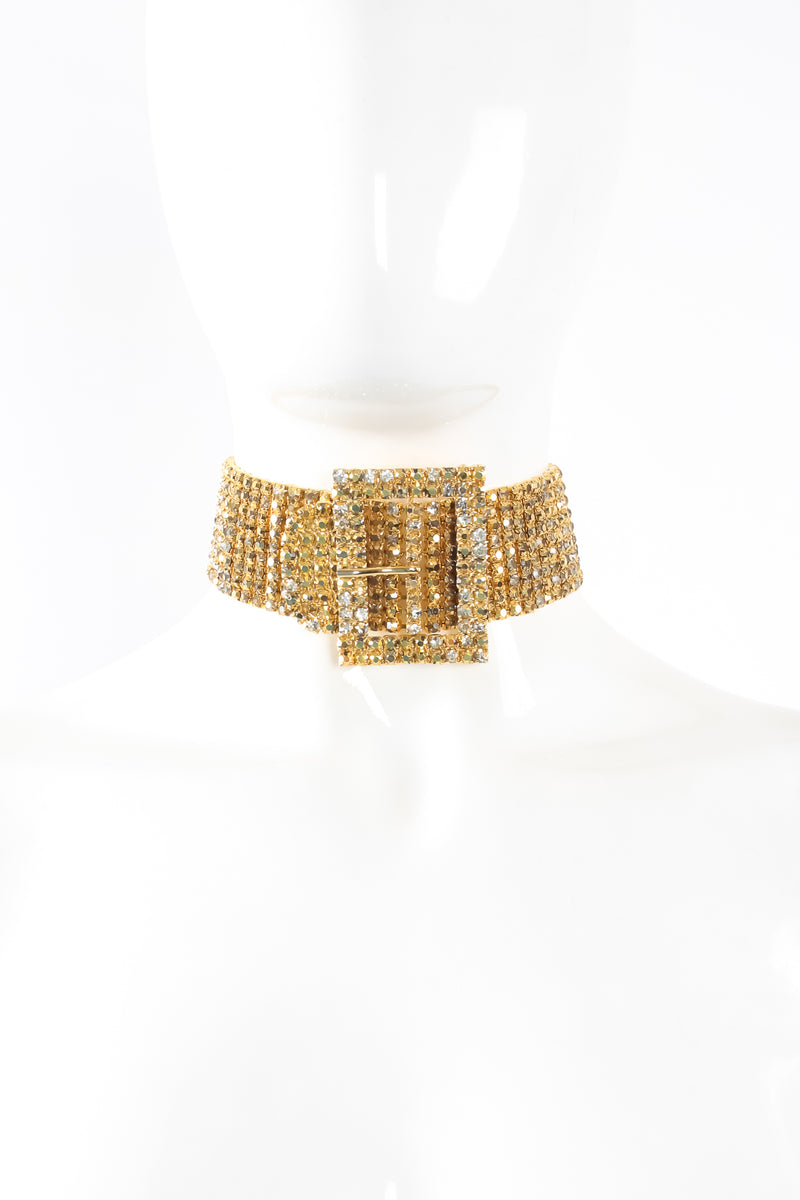 Vintage Marie Ferra Gold Rhinestone Buckle Choker Necklace on mannequin at Recess Los Angeles