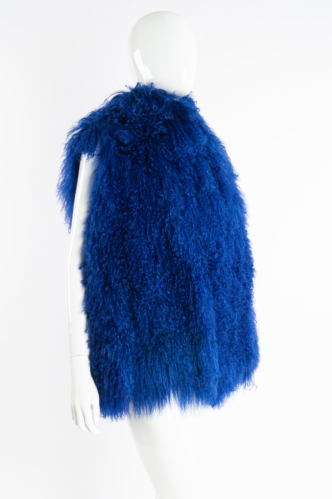Vintage Marvin Richards Ultramarine Mongolian Fur Vest on Mannequin angle at Recess Los Angeles