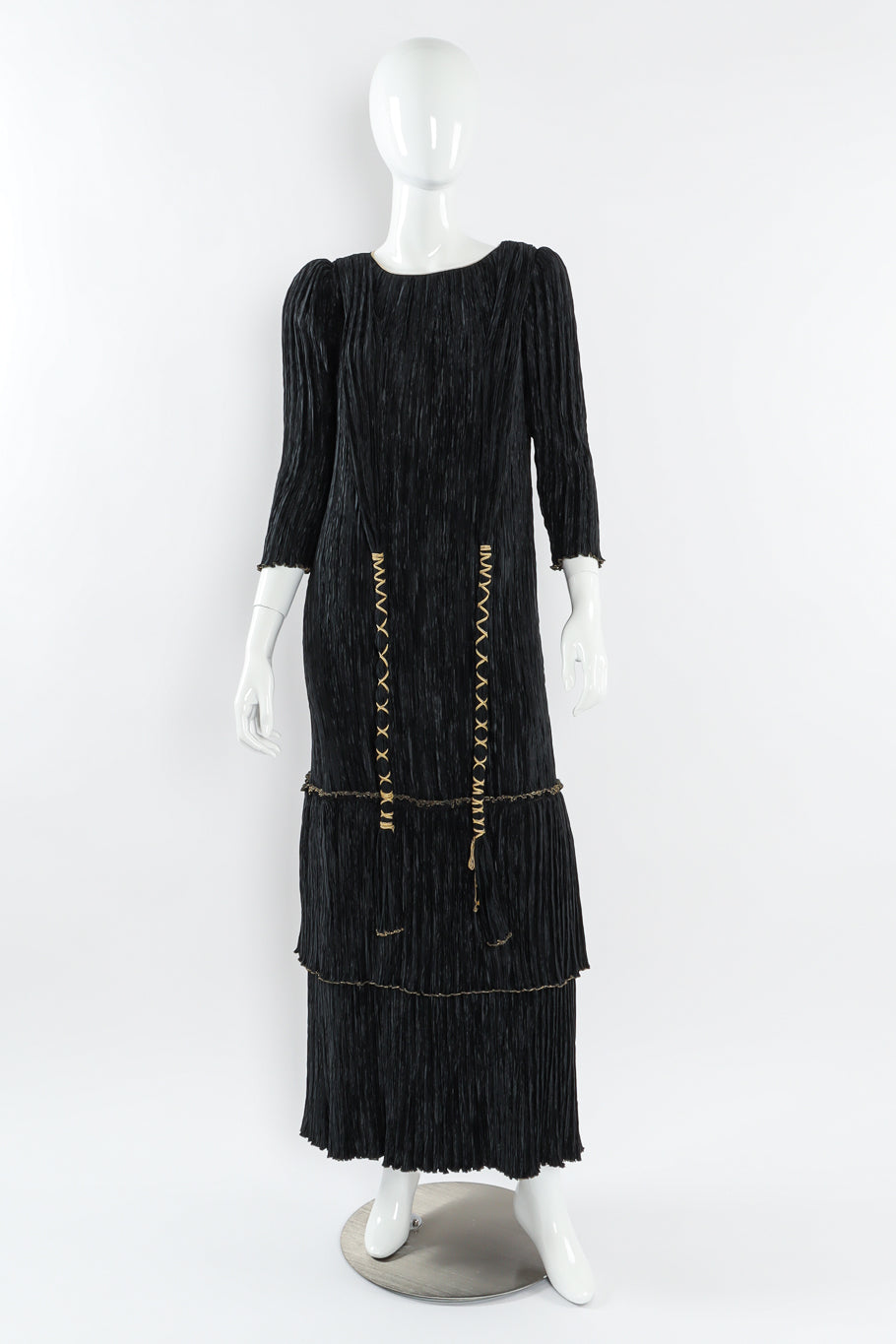 Vintage Mary McFadden Pilissé Pleat Rope Tassel Dress mannequin front  @ Recess LA