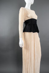 Vintage Mary McFadden Pleated Peplum Top & Skirt Set Bridal Wedding on Mannequin angle @ Recess LA