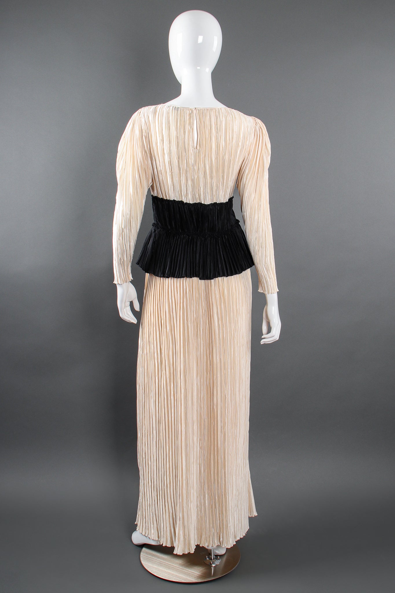 Vintage Mary McFadden Pleated Peplum Top & Skirt Set Bridal Wedding on Mannequin back @ Recess LA