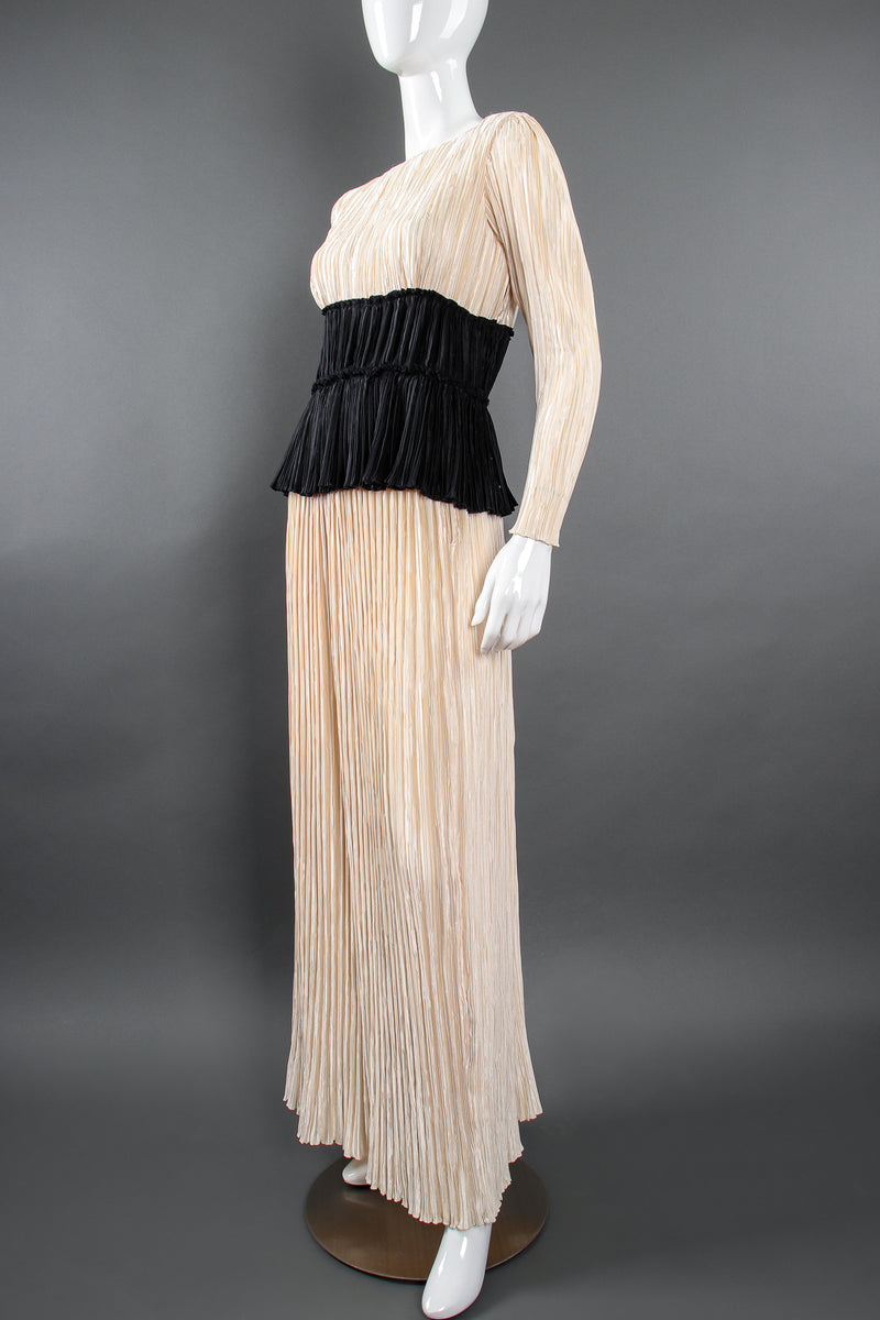 Vintage Mary McFadden Pleated Peplum Top & Skirt Set Bridal Wedding on Mannequin angle @ Recess LA