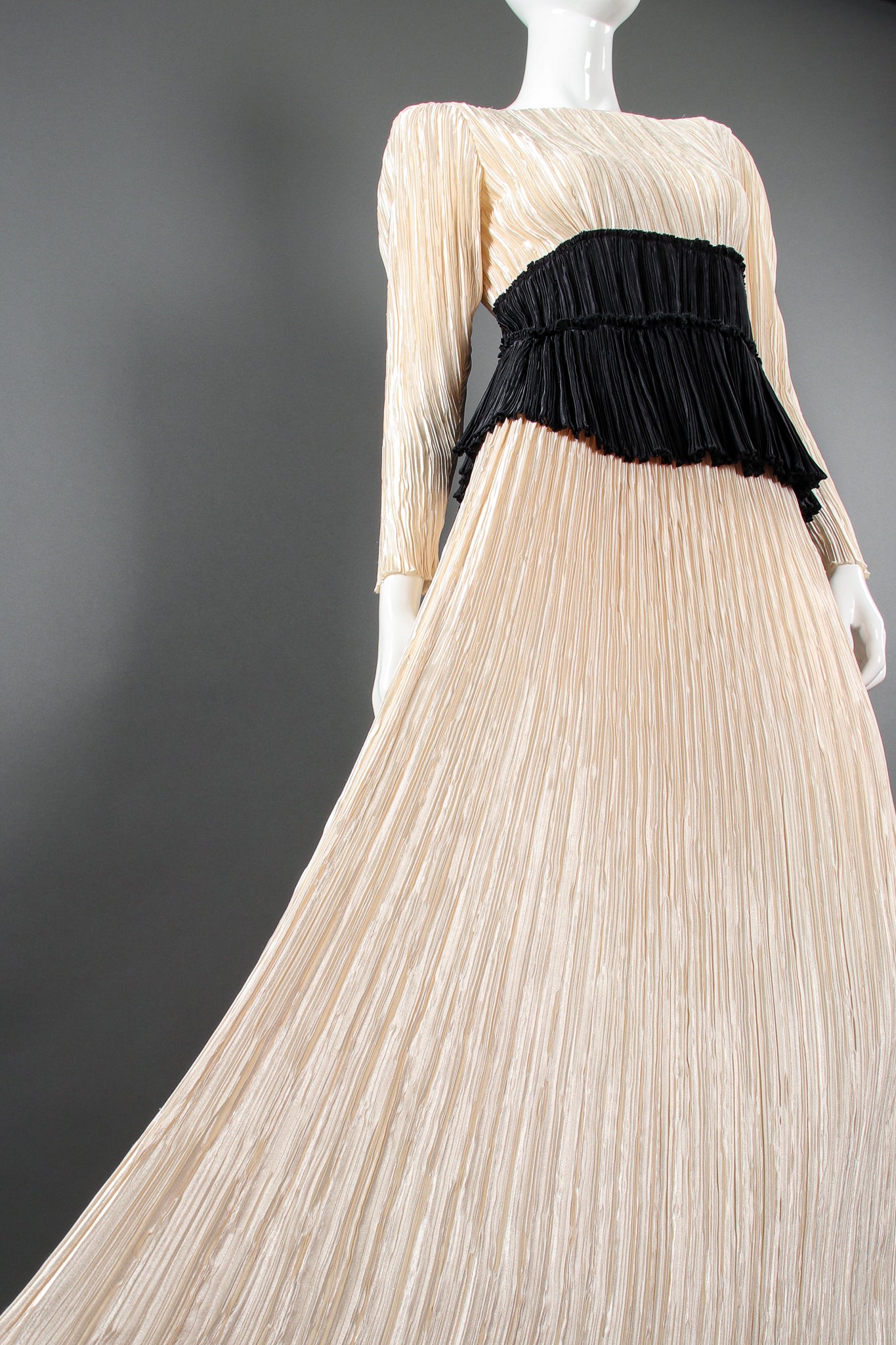 Vintage Mary McFadden Pleated Peplum Top & Skirt Set Bridal Wedding on Mannequin sweep @ Recess LA