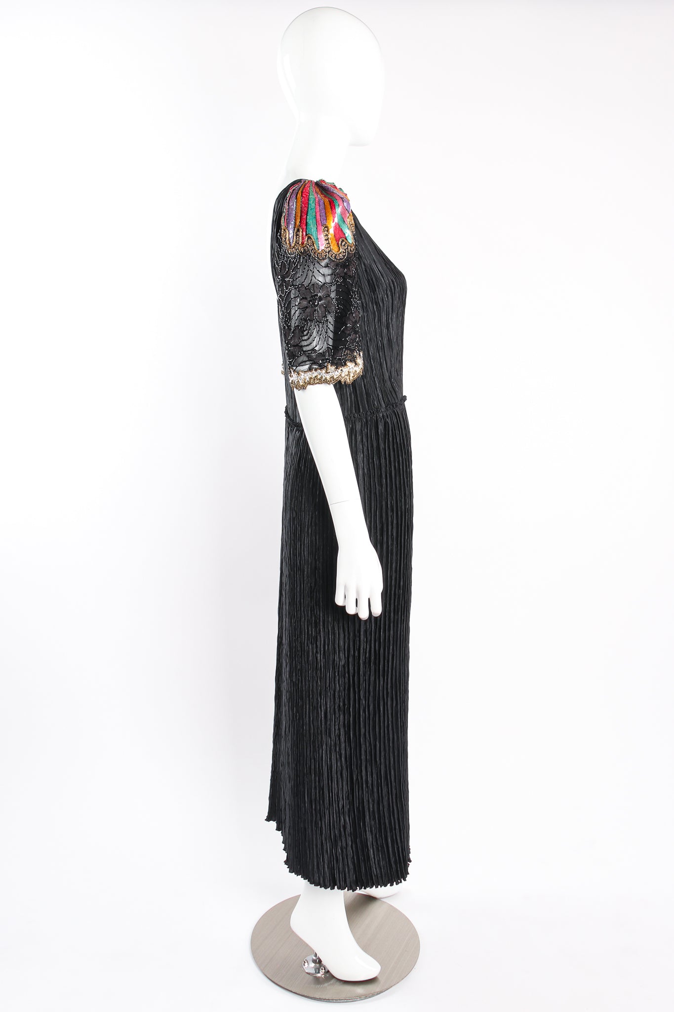 Vintage Mary McFadden Rainbow Sleeve Pleated Dress on Mannequin side at Recess Los Angeles