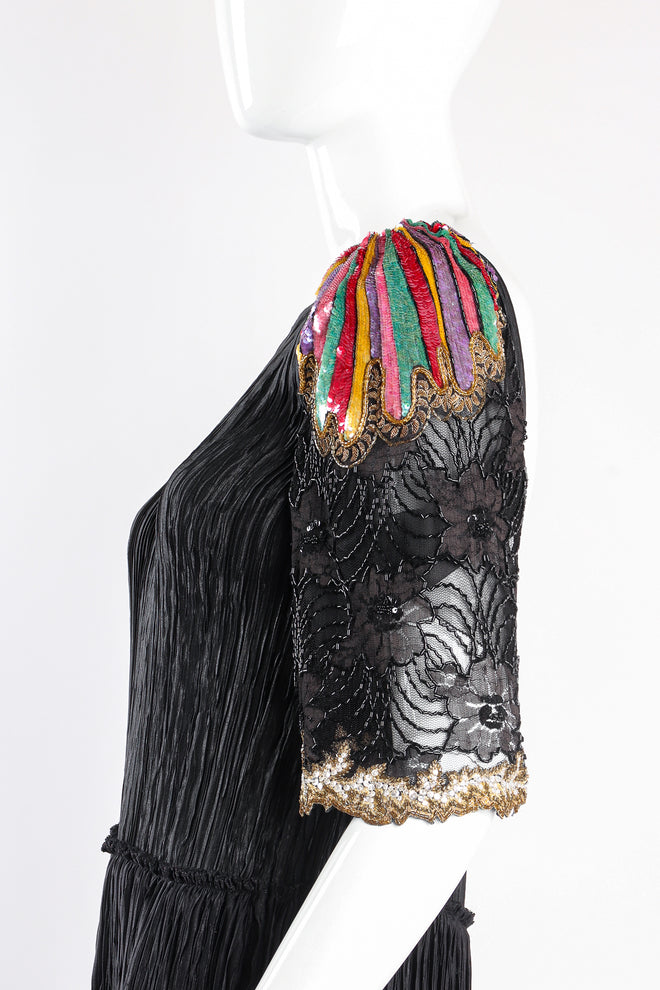 Vintage Mary McFadden Rainbow Sleeve Pleated Dress on Mannequin detail at Recess Los Angeles