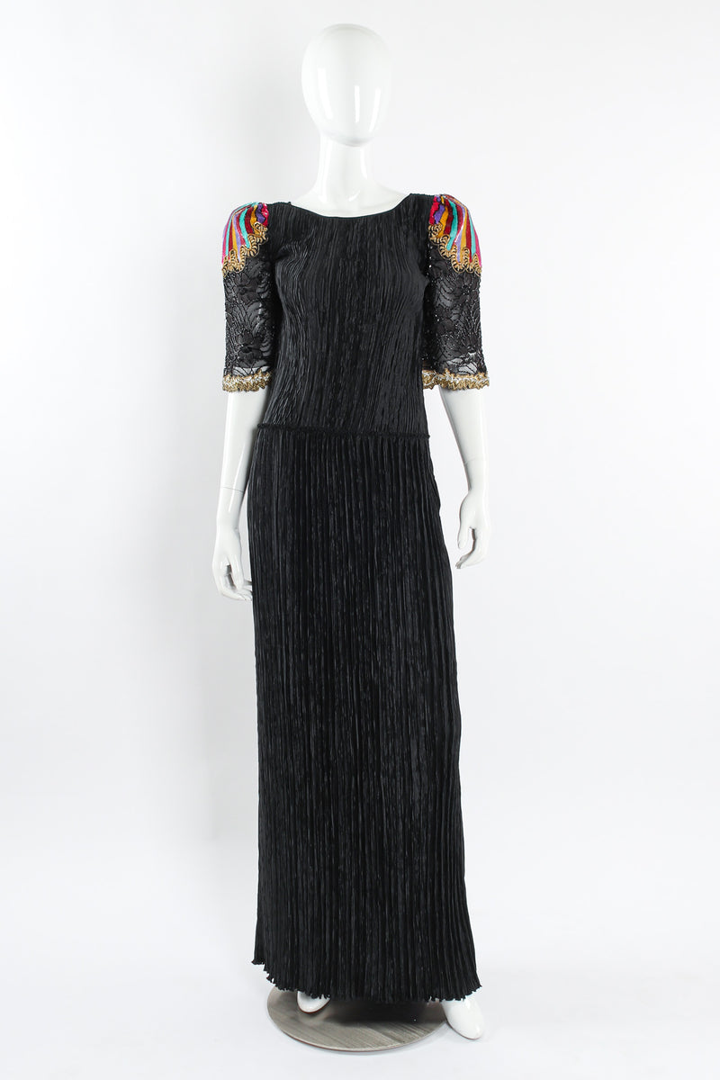 Vintage Mary McFadden Sequin Floral Beaded Pilissé Dress mannequin front @ Recess LA