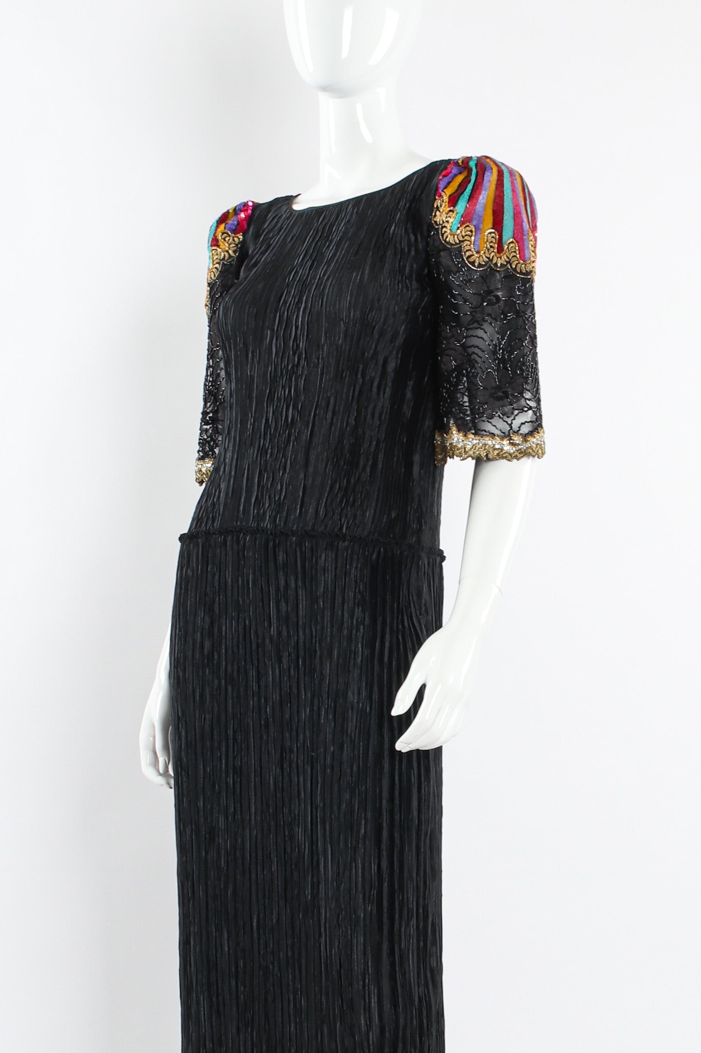 Vintage Mary McFadden Sequin Floral Beaded Pilissé Dress mannequin close angle @ Recess LA