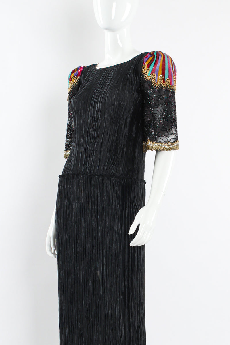 Vintage Mary McFadden Sequin Floral Beaded Pilissé Dress mannequin close angle @ Recess LA