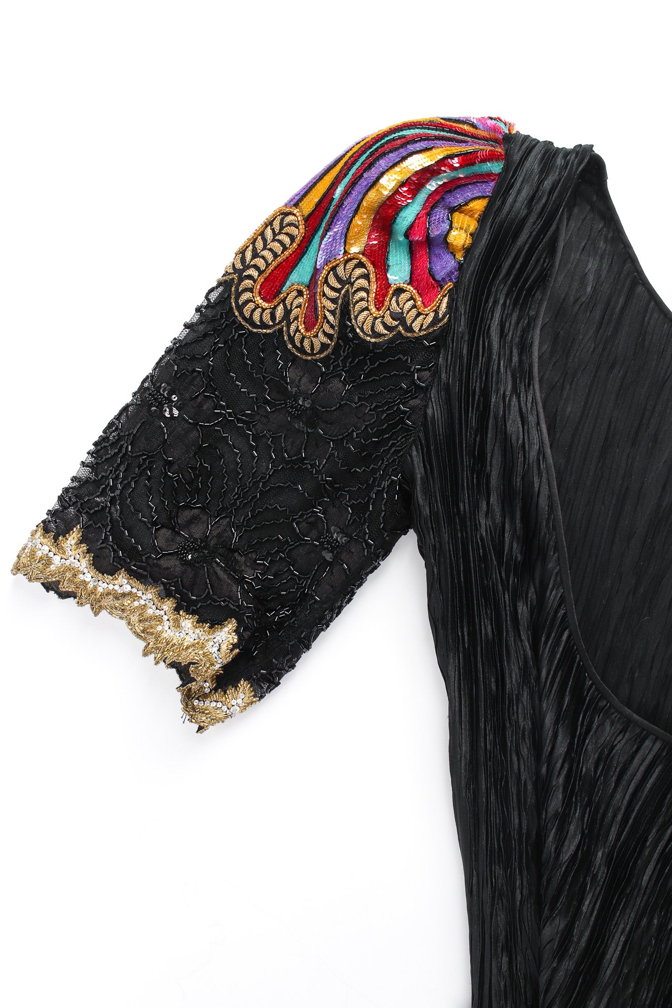 Vintage Mary McFadden Sequin Floral Beaded Pilissé Dress back sleeve detail @ Recess LA