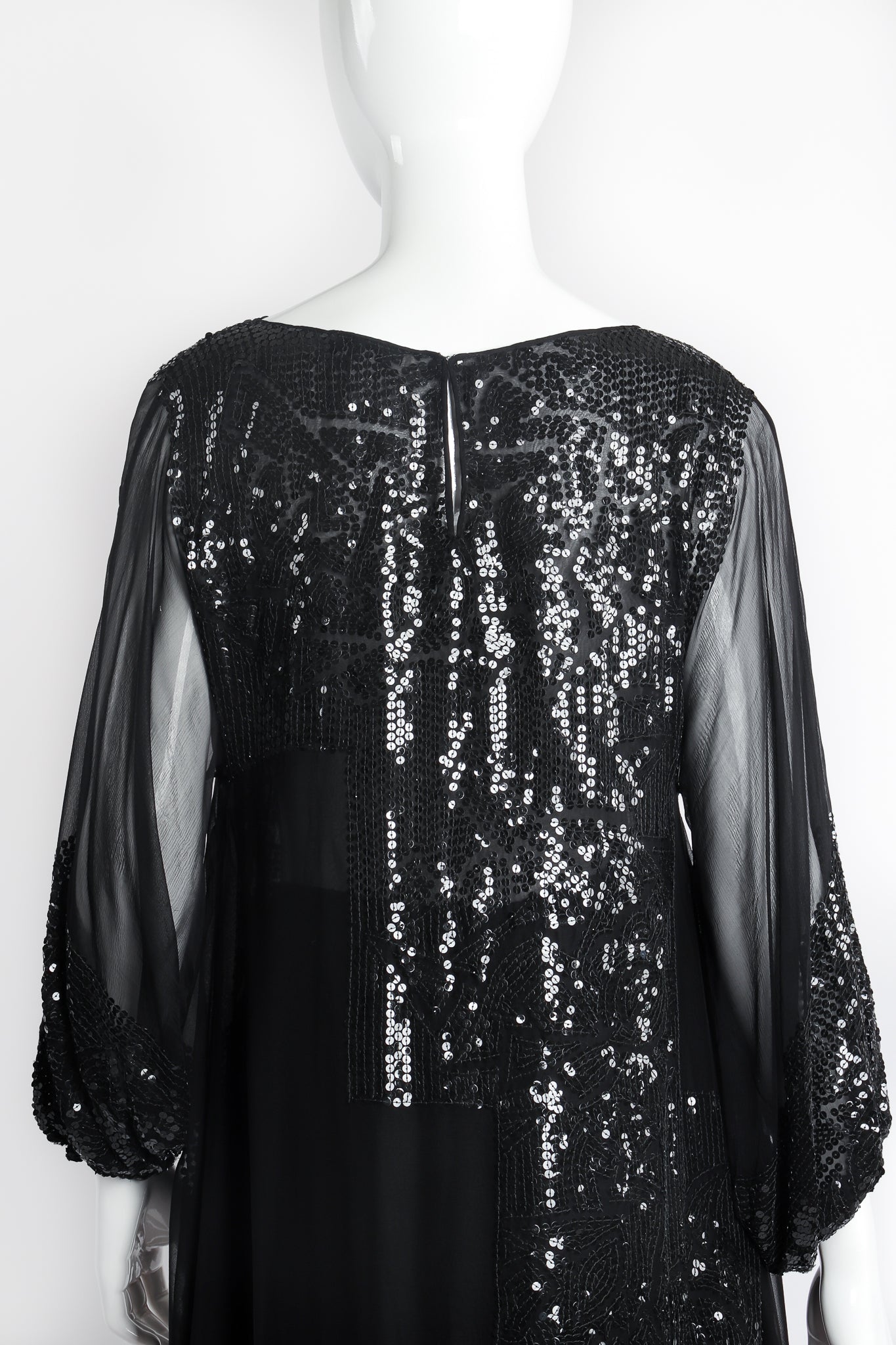 Vintage Mary McFadden Sheer Sequin Balloon Sleeve Tunic Dress Pant on Mannequin back top @ Recess