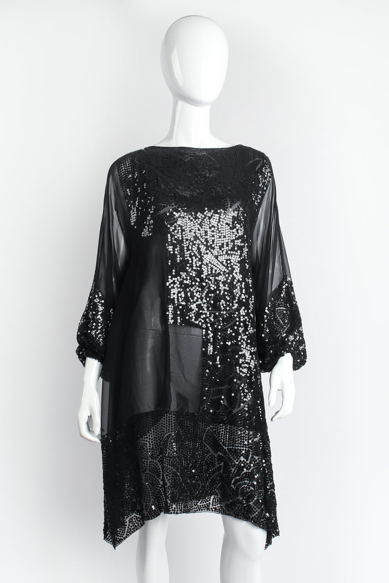 Vintage Mary McFadden Sheer Sequin Balloon Sleeve Tunic Dress Pant Set on Mannequin dress @ Recess