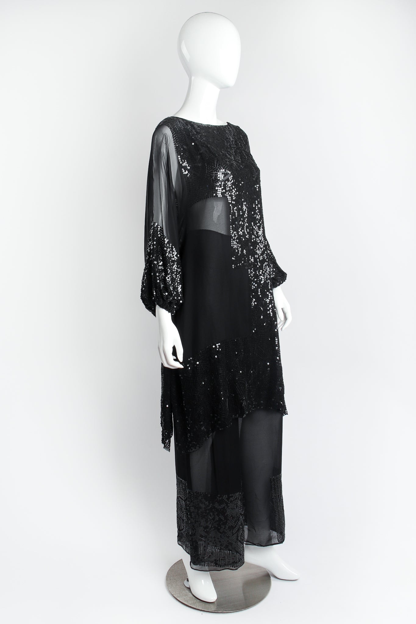 Vintage Mary McFadden Sheer Sequin Balloon Sleeve Tunic Dress Pant Set on Mannequin angle @ Recess