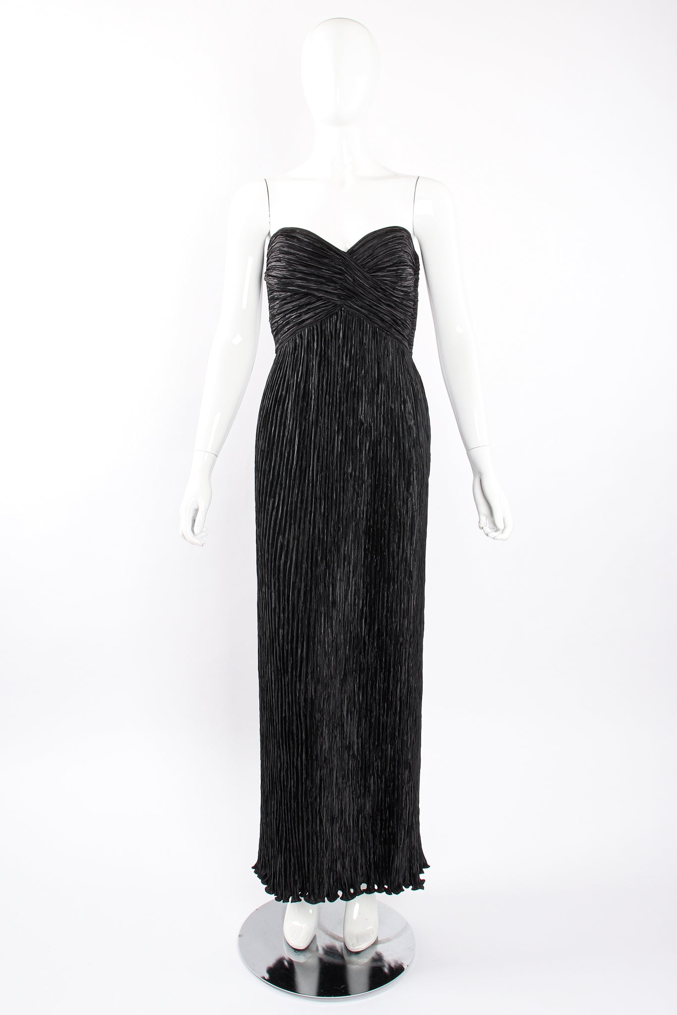 Vintage Mary McFadden Pleated Strapless Sweetheart Gown o Mannequin front at Recess Los Angeles
