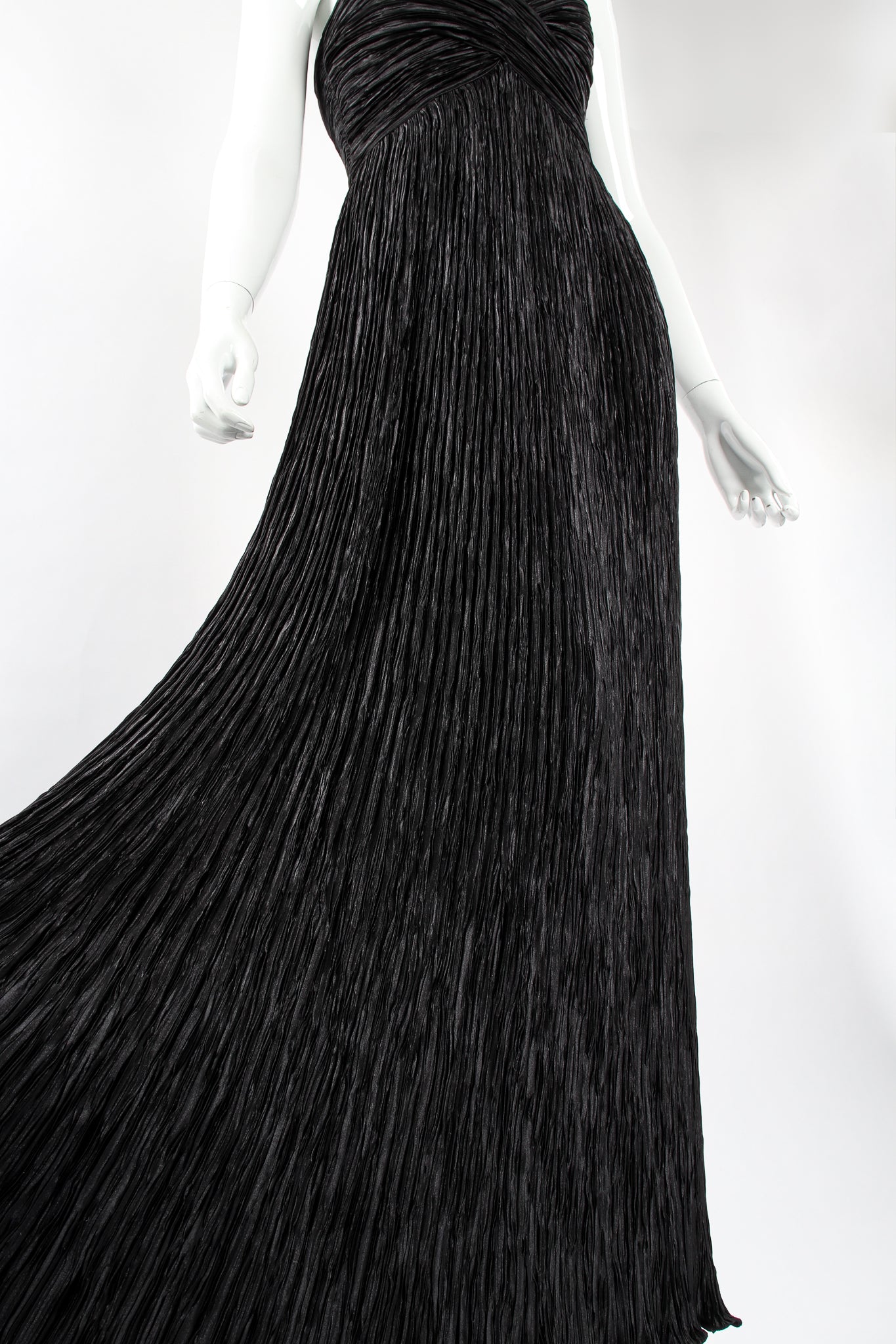 Vintage Mary McFadden Pleated Strapless Sweetheart Gown on mannequin skirt at Recess Los Angeles