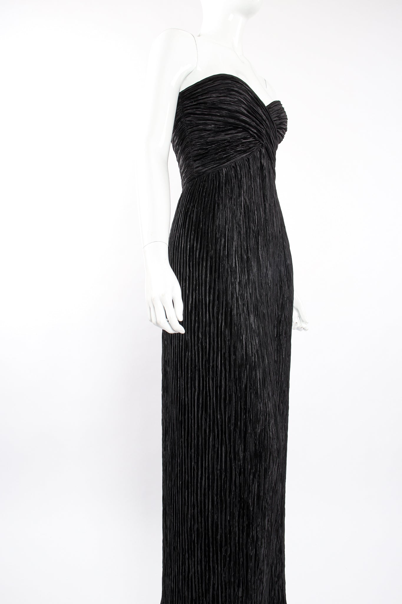 Vintage Mary McFadden Pleated Strapless Sweetheart Gown o Mannequin angle at Recess Los Angeles