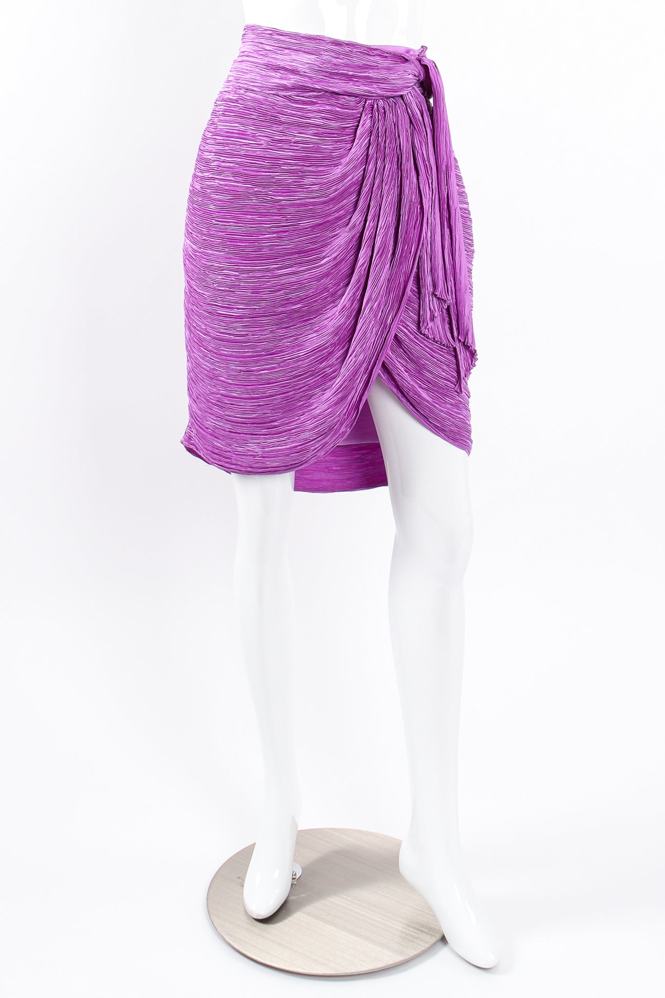 Vintage Mary McFadden Pleated Halter & Wrap Skirt Set on Mannequin skirt front at Recess LA