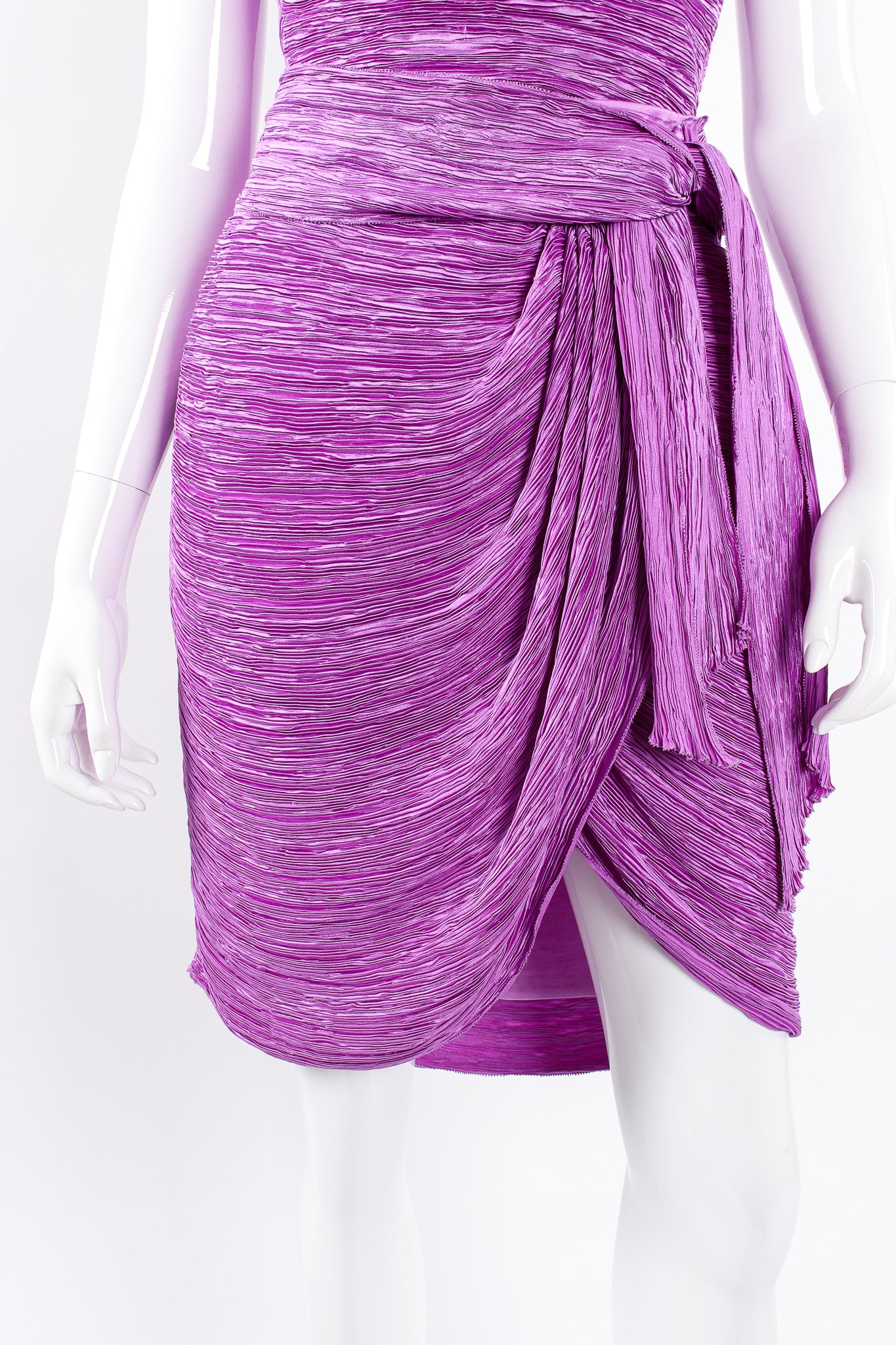 Vintage Mary McFadden Pleated Halter & Wrap Skirt Set on Mannequin skirt front at Recess LA