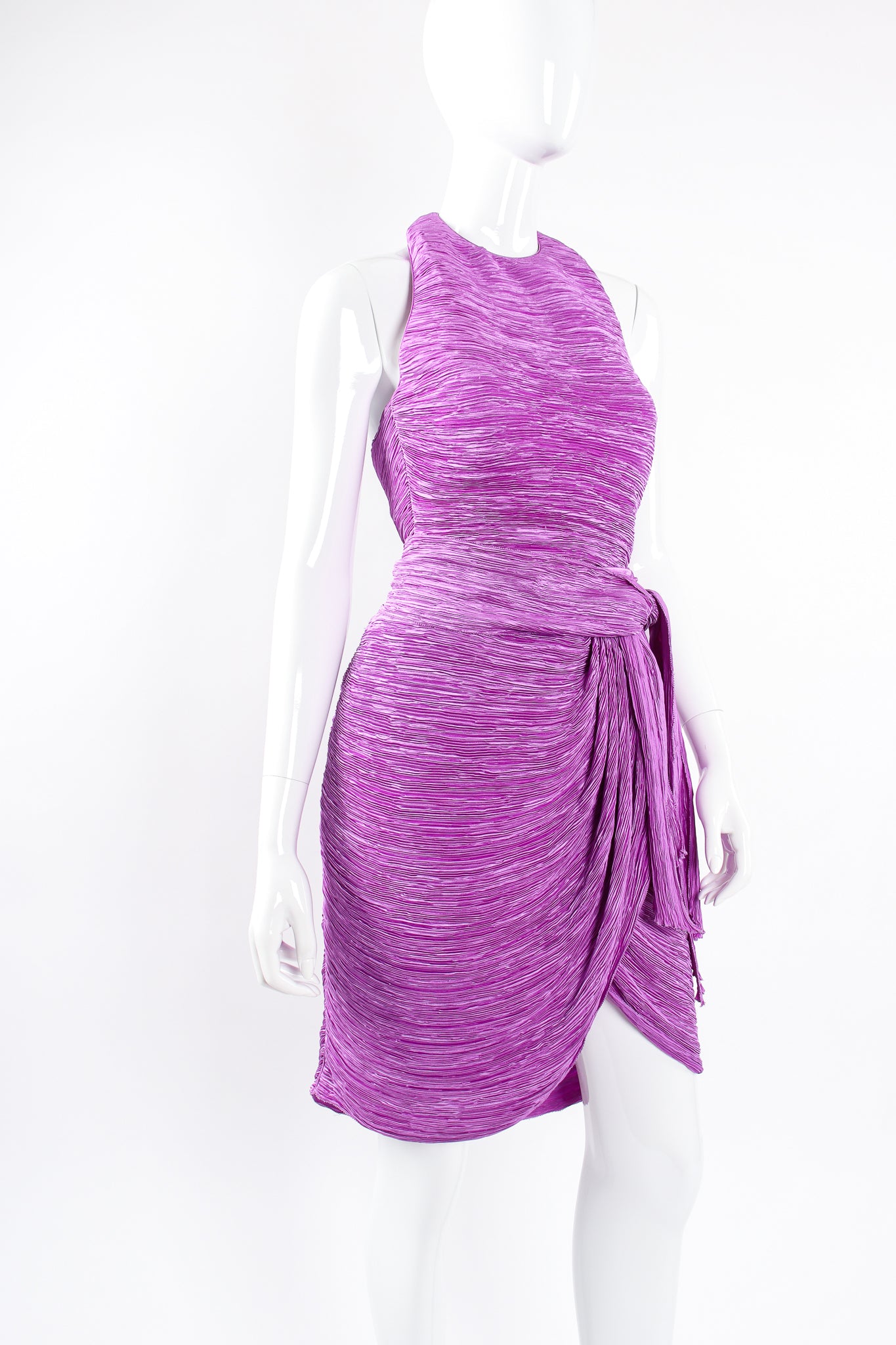 Vintage Mary McFadden Pleated Halter & Wrap Skirt Set on Mannequin angle crop at Recess LA