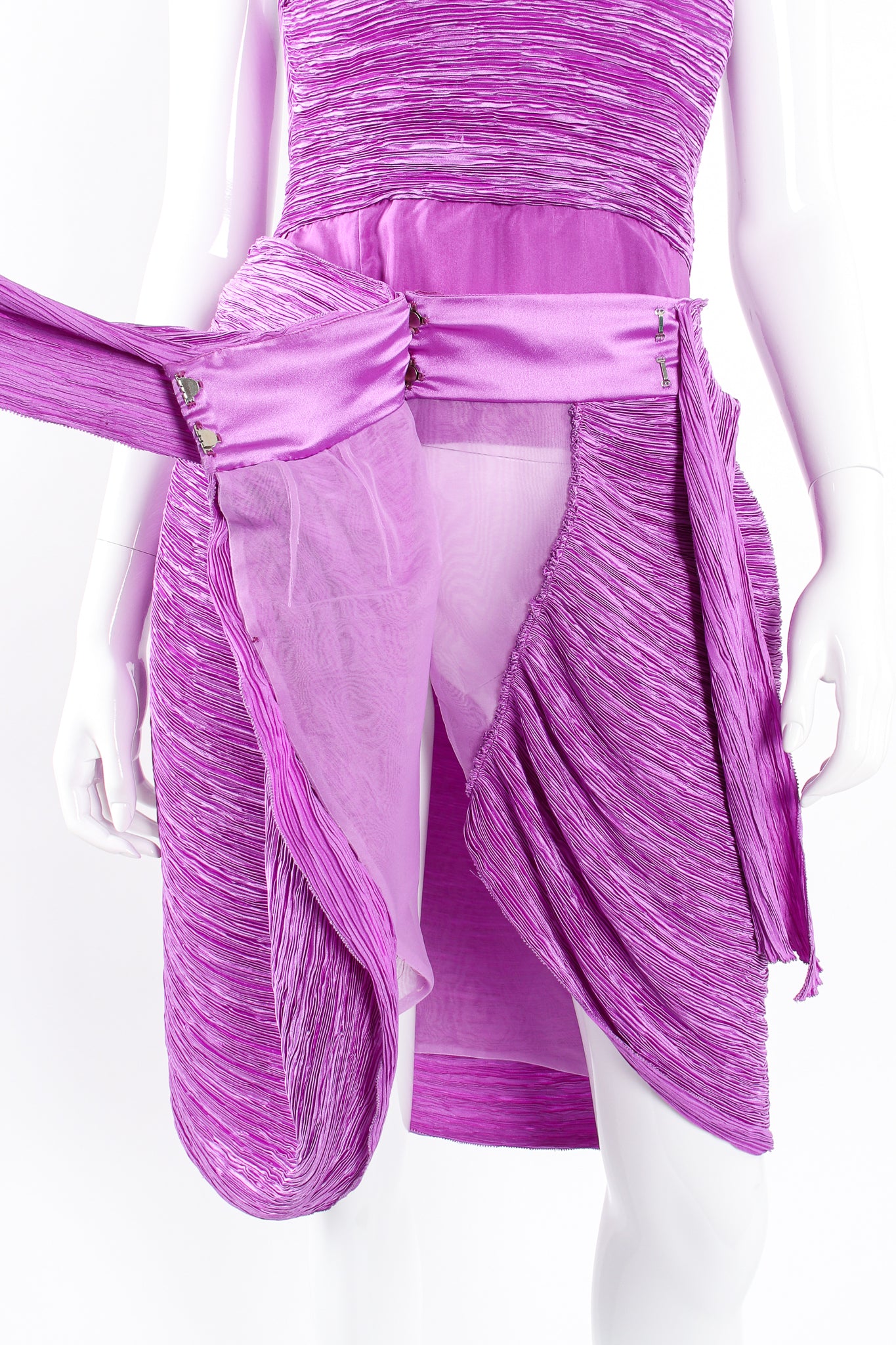 Vintage Mary McFadden Pleated Halter & Wrap Skirt Set on Mannequin skirt open at Recess LA