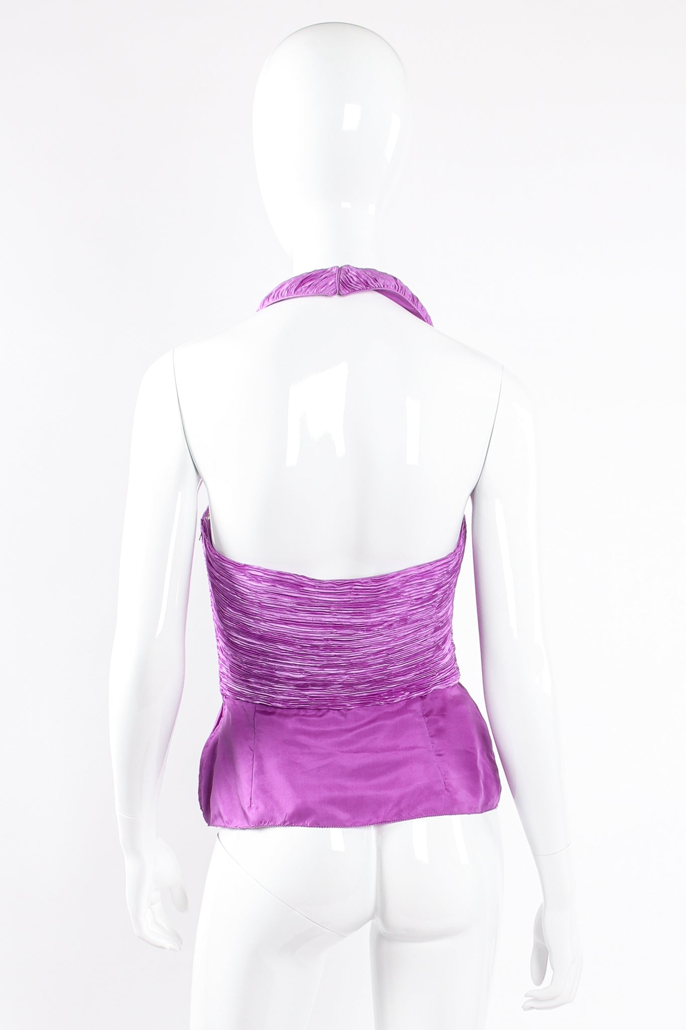 Vintage Mary McFadden Pleated Halter & Wrap Skirt Set on Mannequin top back at Recess LA