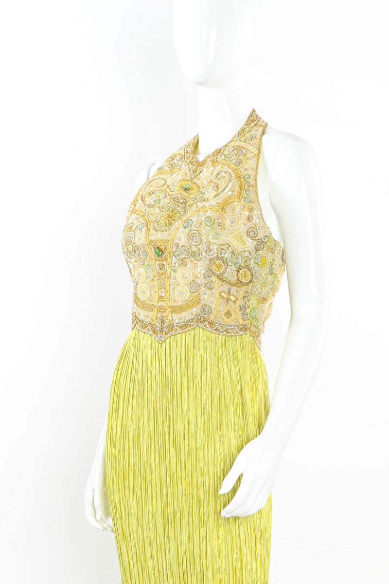 Vintage Mary McFadden Beaded Crinkle Pleat Halter Dress mannequin angle  @ Recess LA