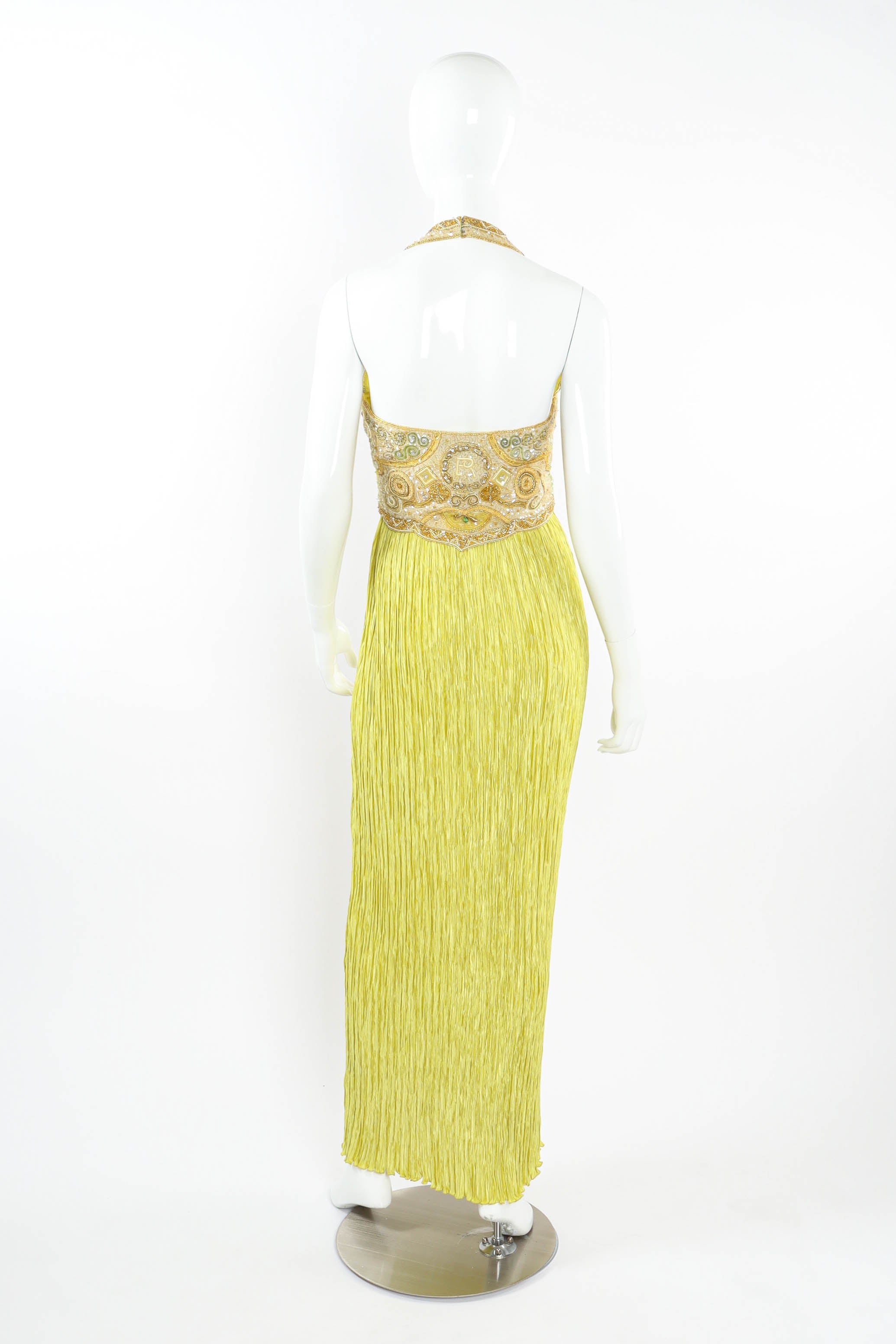 Vintage Mary McFadden Beaded Crinkle Pleat Halter Dress mannequin back  @ Recess LA