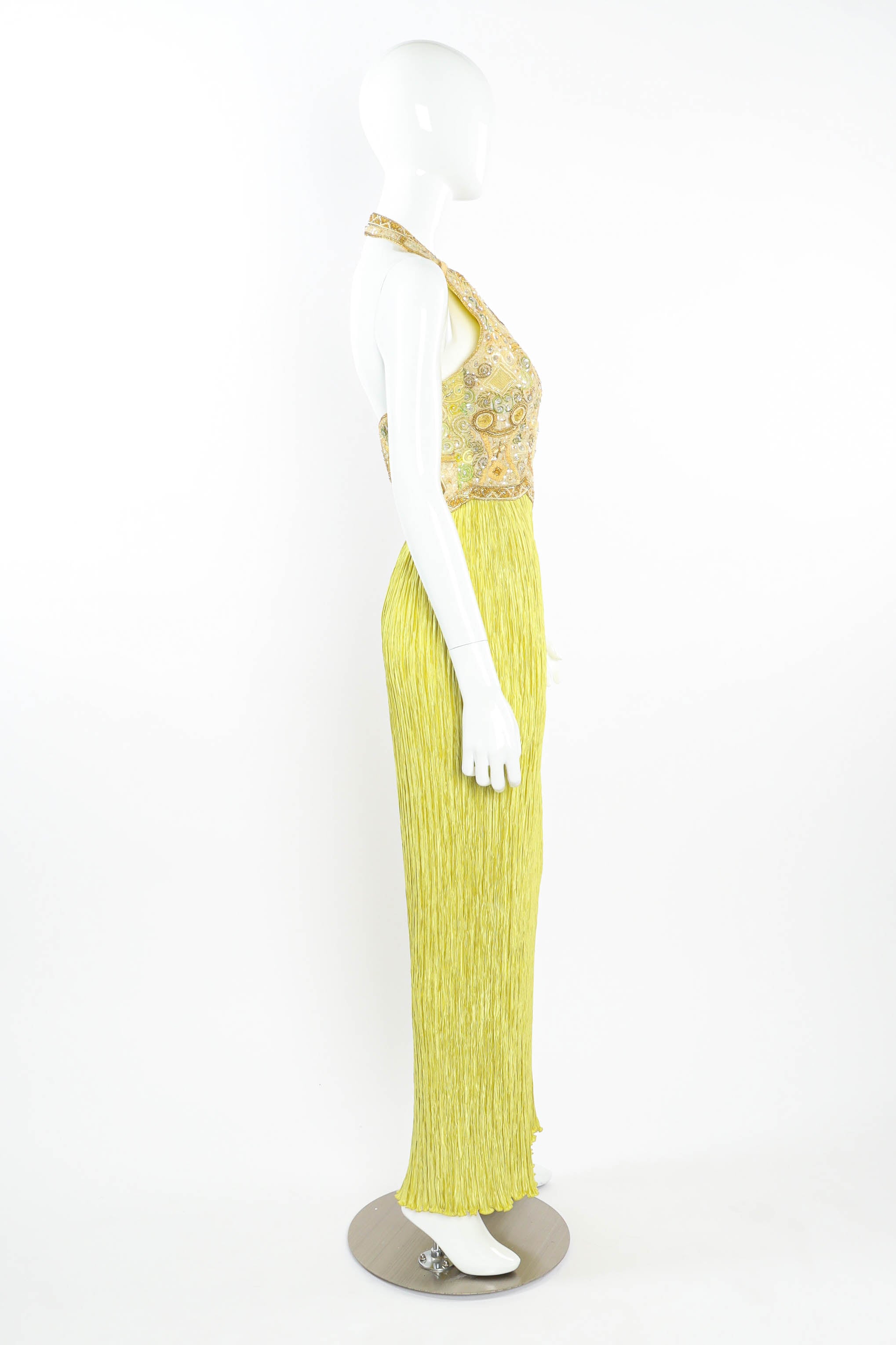 Vintage Mary McFadden Beaded Crinkle Pleat Halter Dress mannequin side  @ Recess LA