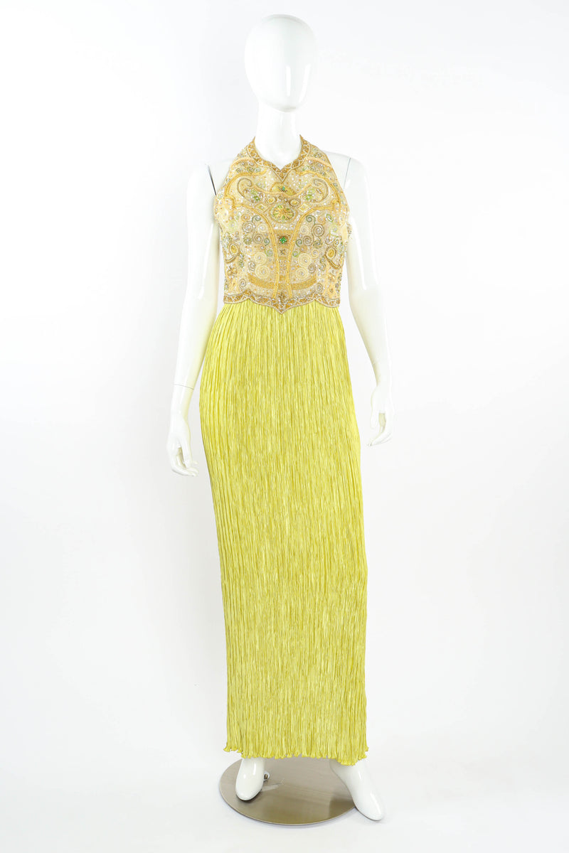 Vintage Mary McFadden Beaded Crinkle Pleat Halter Dress mannequin front  @ Recess LA