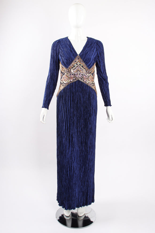 Vintage Mary McFadden Embellished Waist Pleated Gown on Mannequin front at Recess Los Angeles