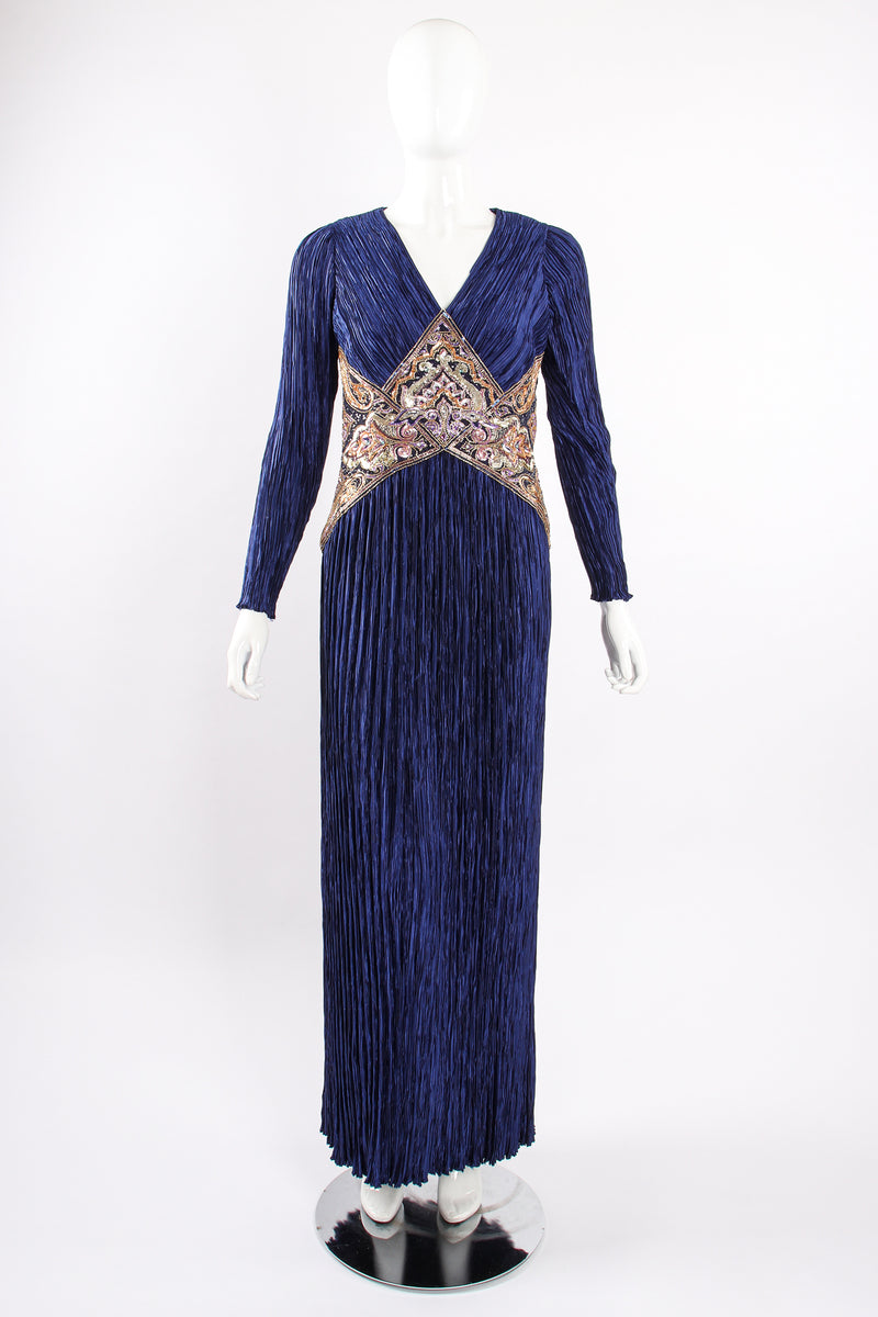 Vintage Mary McFadden Embellished Waist Pleated Gown on Mannequin front at Recess Los Angeles