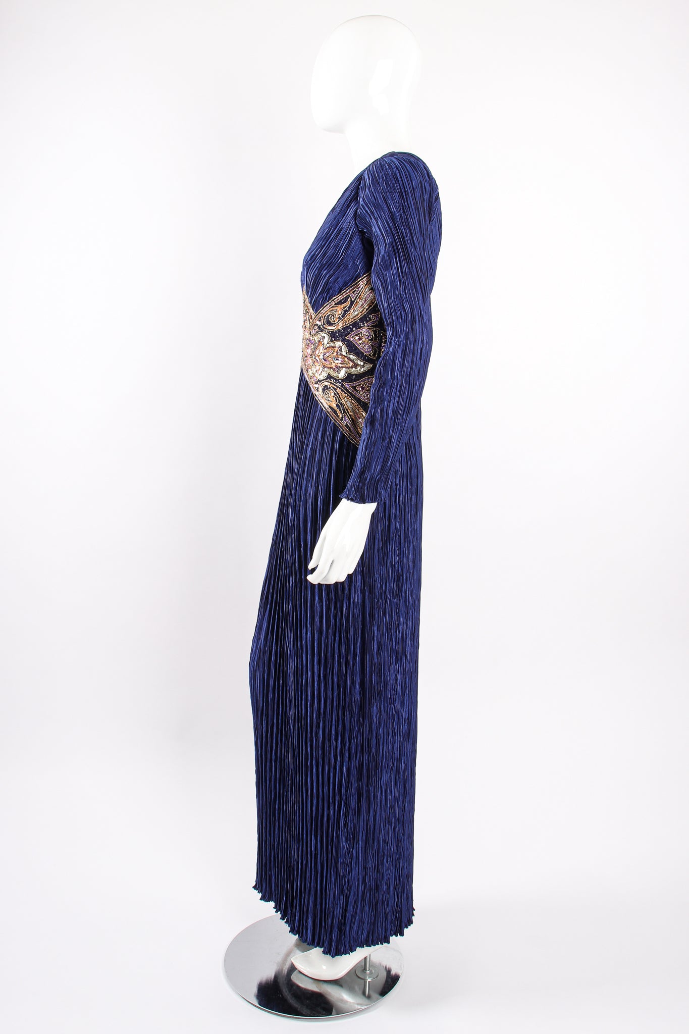 Vintage Mary McFadden Embellished Waist Pleated Gown on Mannequin side at Recess Los Angeles
