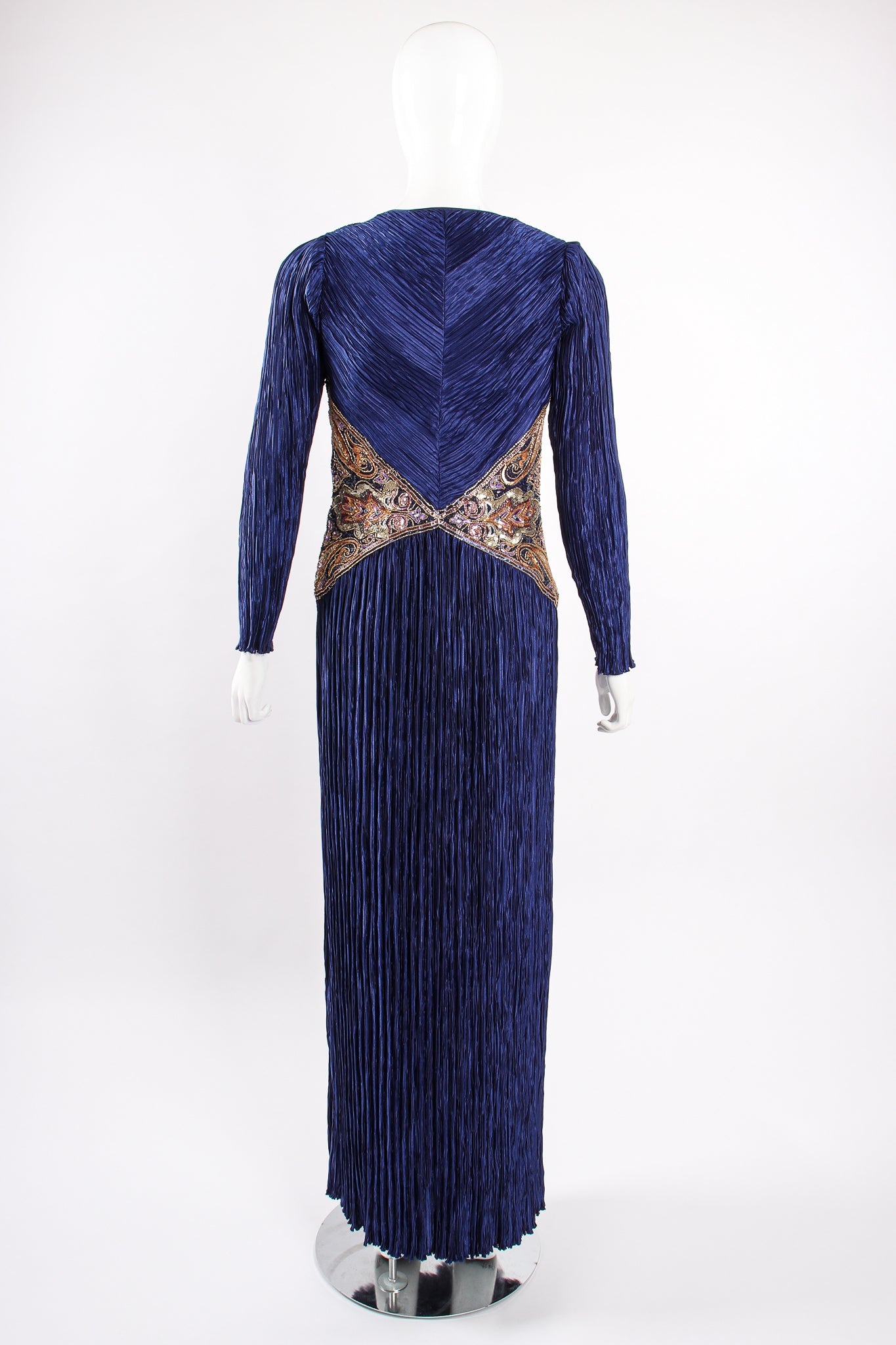 Vintage Mary McFadden Embellished Waist Pleated Gown on Mannequin back at Recess Los Angeles