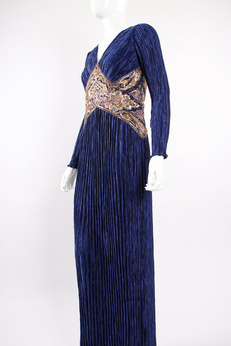Vintage Mary McFadden Embellished Waist Pleated Gown on Mannequin angle at Recess Los Angeles