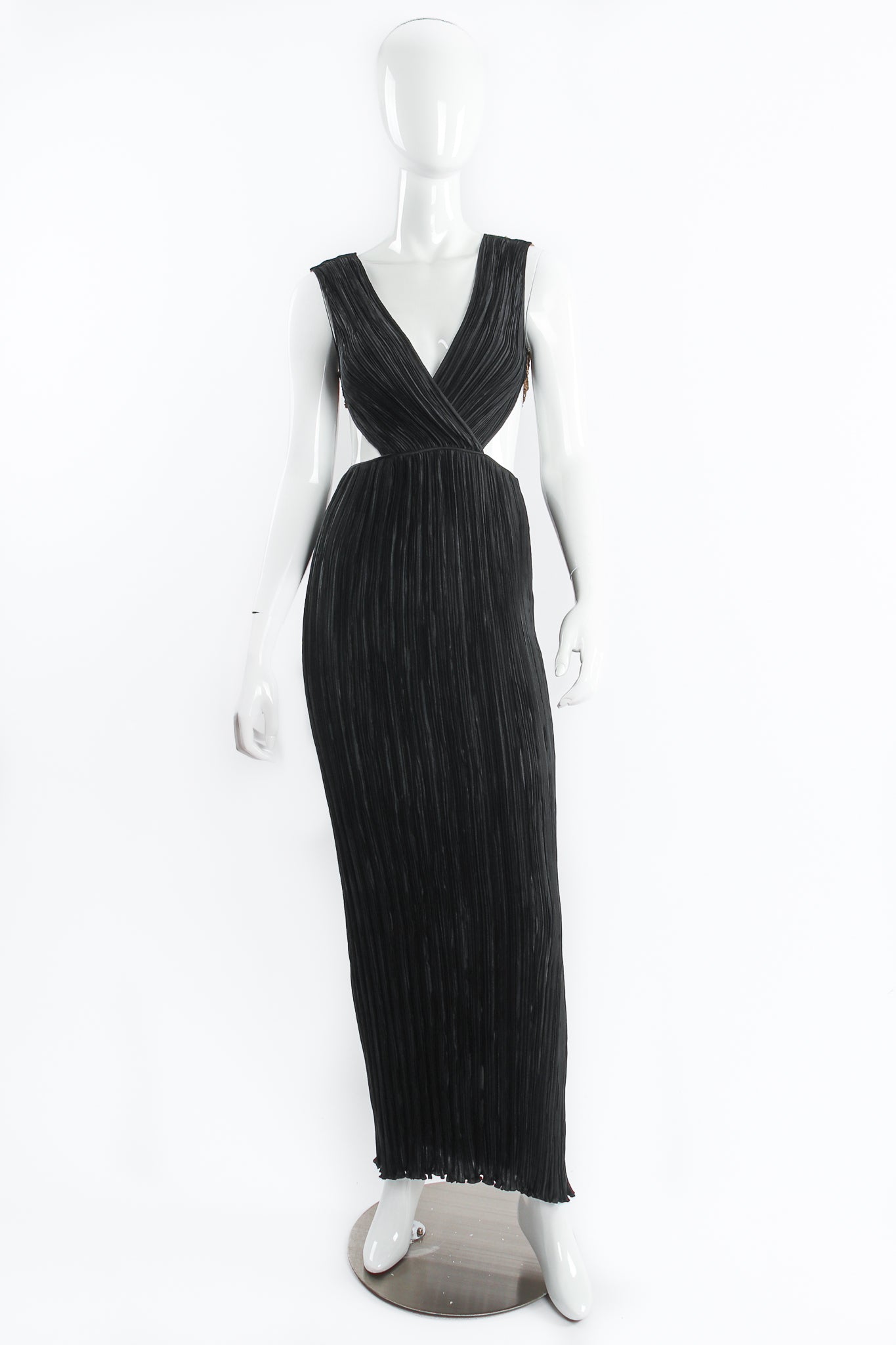 Vintage Mary McFadden Backless Surplice Cutout Plunge Dress on Mannequin front at Recess Los Angeles