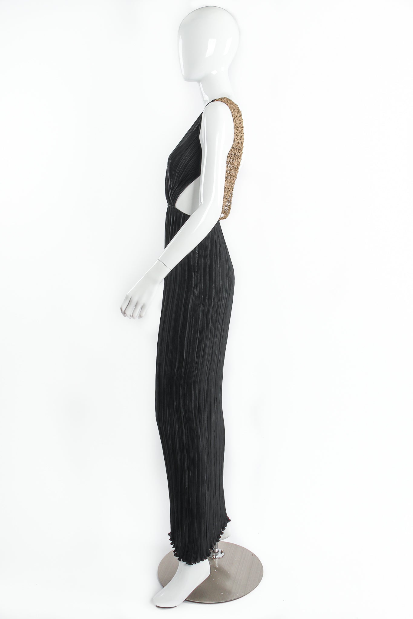 Vintage Mary McFadden Backless Surplice Cutout Plunge Dress on Mannequin side at Recess Los Angeles
