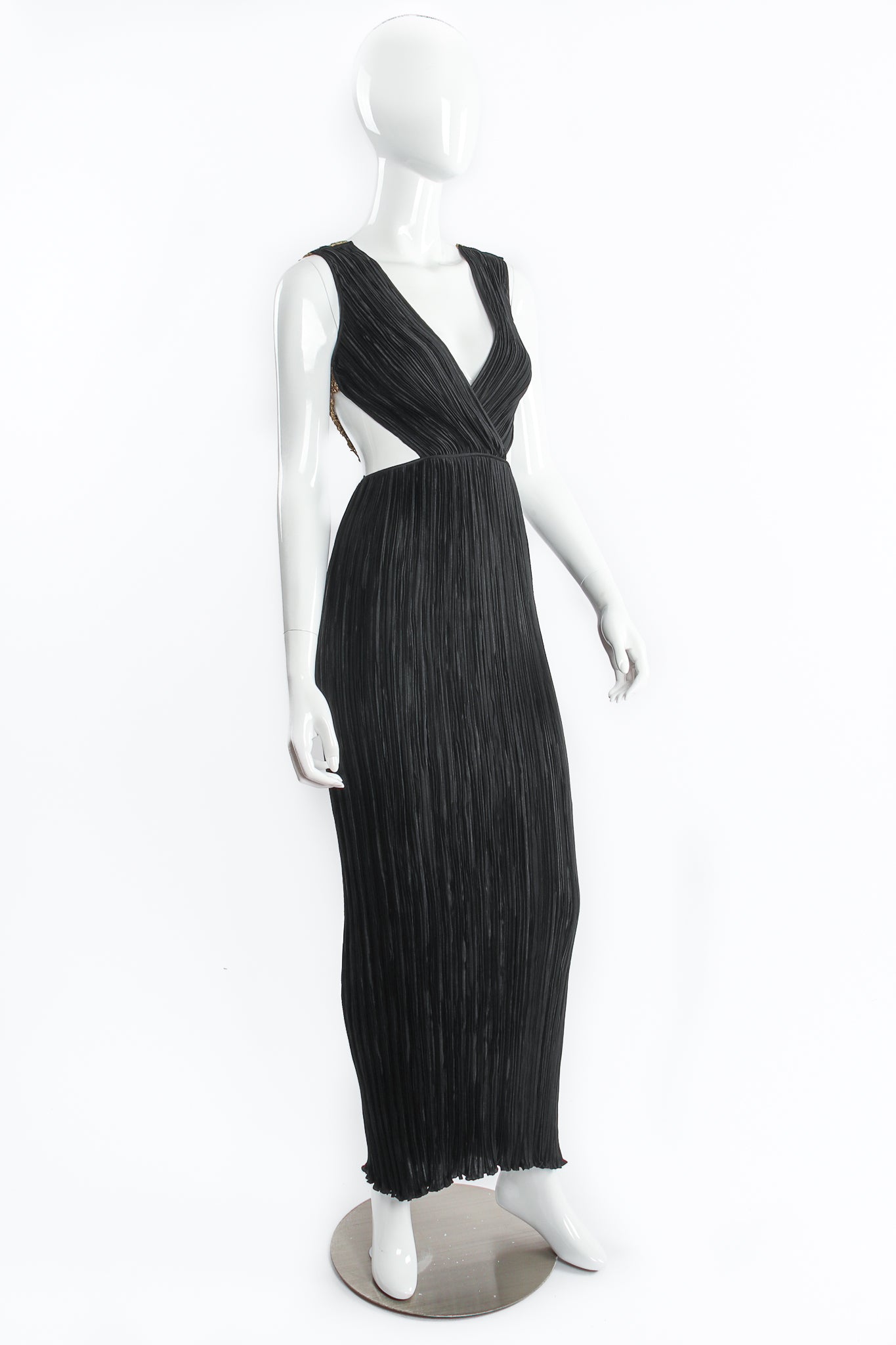 Vintage Mary McFadden Backless Surplice Cutout Plunge Dress on Mannequin angle at Recess Los Angeles