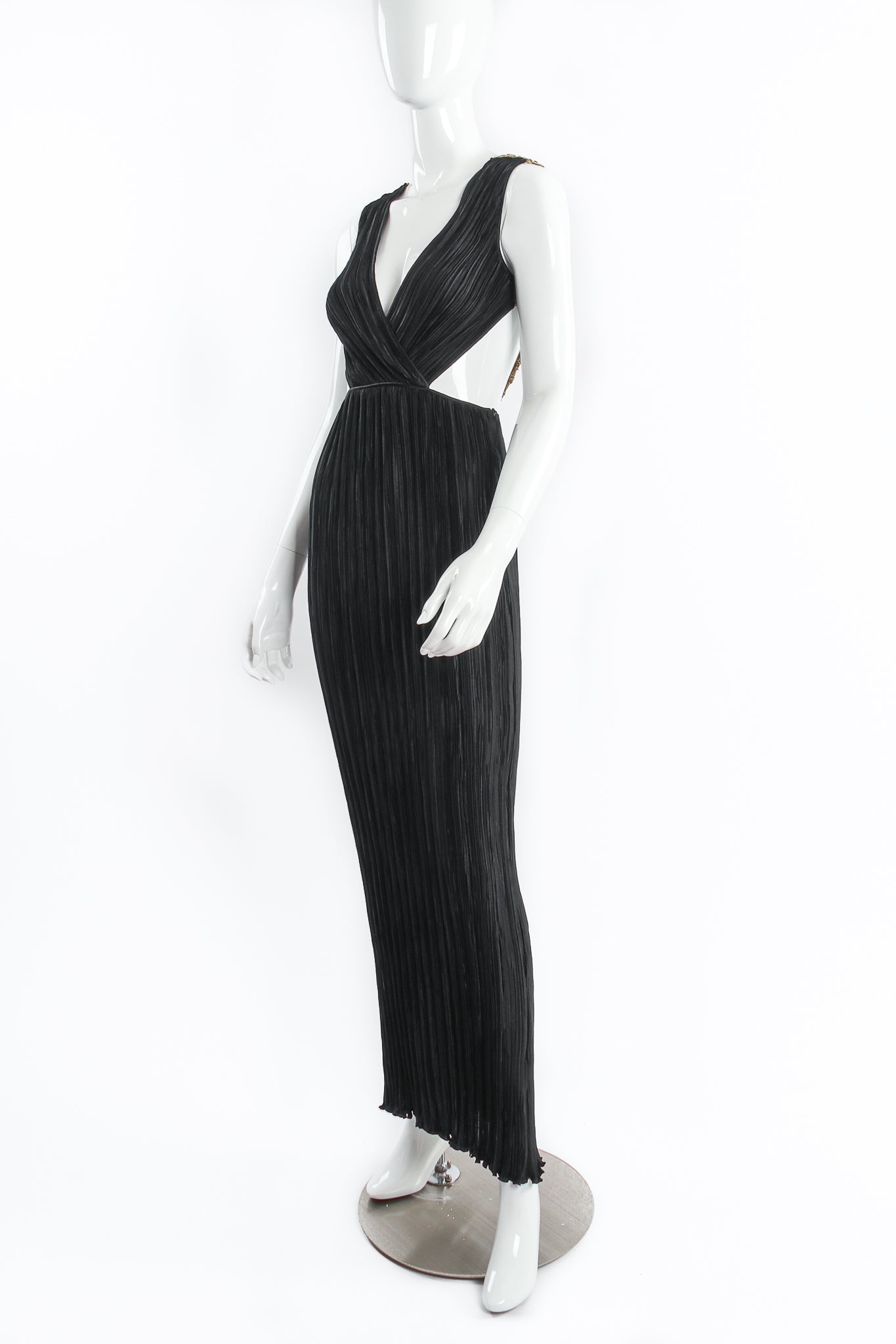 Vintage Mary McFadden Backless Surplice Cutout Plunge Dress on Mannequin angle at Recess Los Angeles