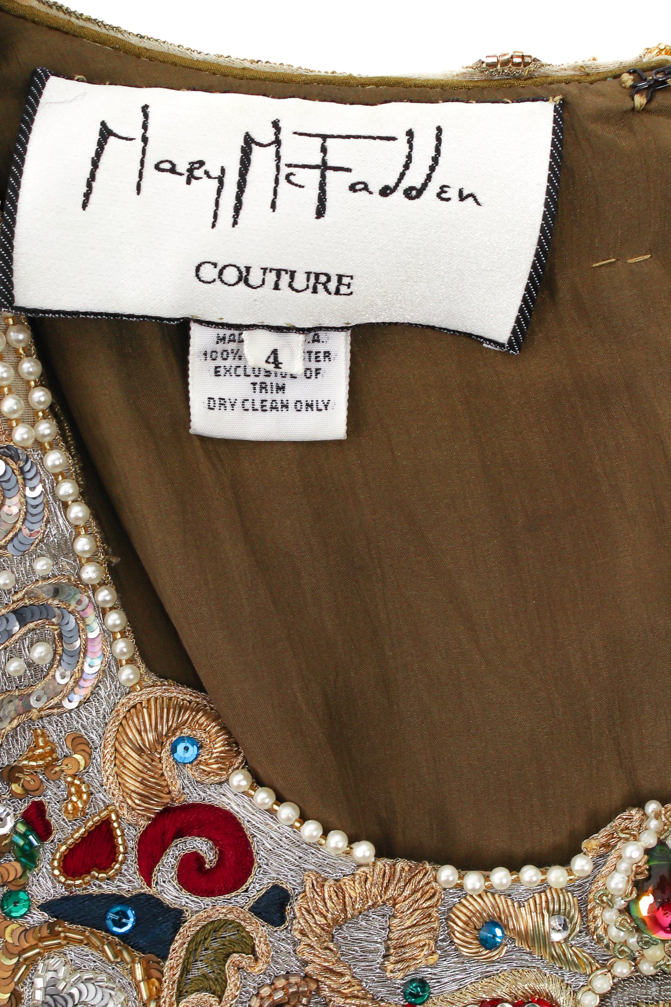 Vintage Mary McFadden Pleated Embellished Column Gown label at Recess Los Angeles