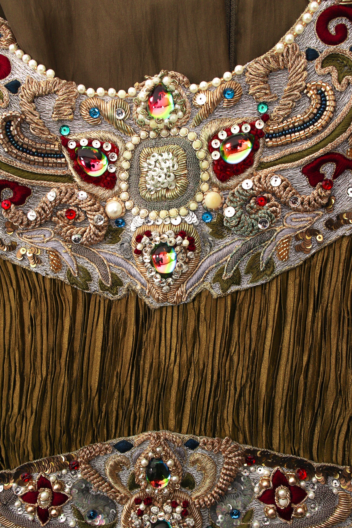 Vintage Mary McFadden Pleated Embellished Column Gown detail at Recess Los Angeles