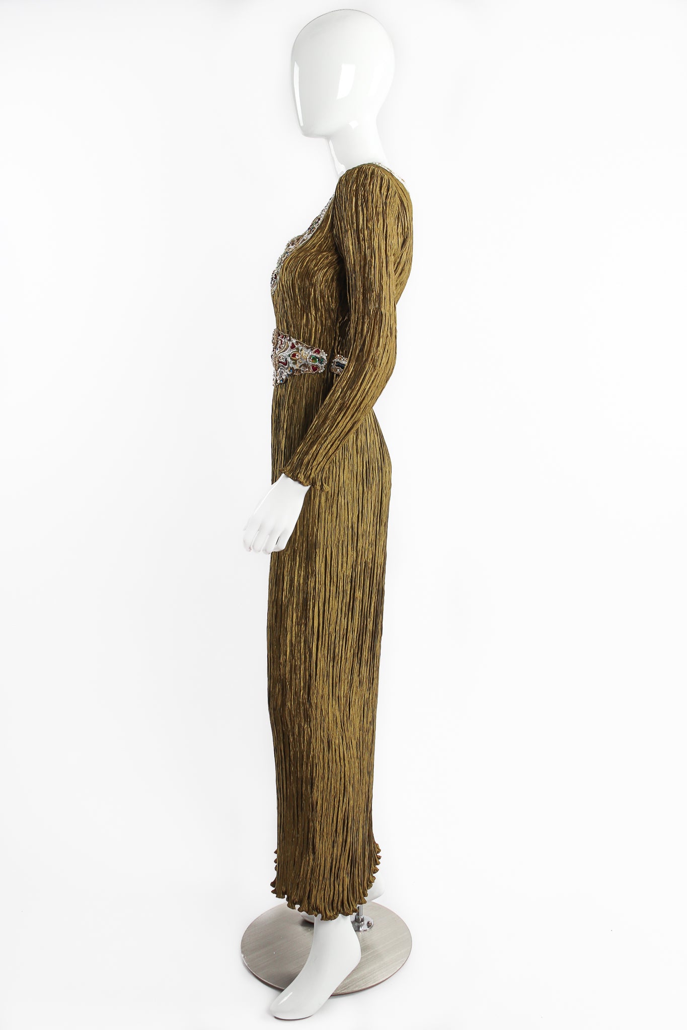 Vintage Mary McFadden Pleated Embellished Column Gown on Mannequin side at Recess Los Angeles
