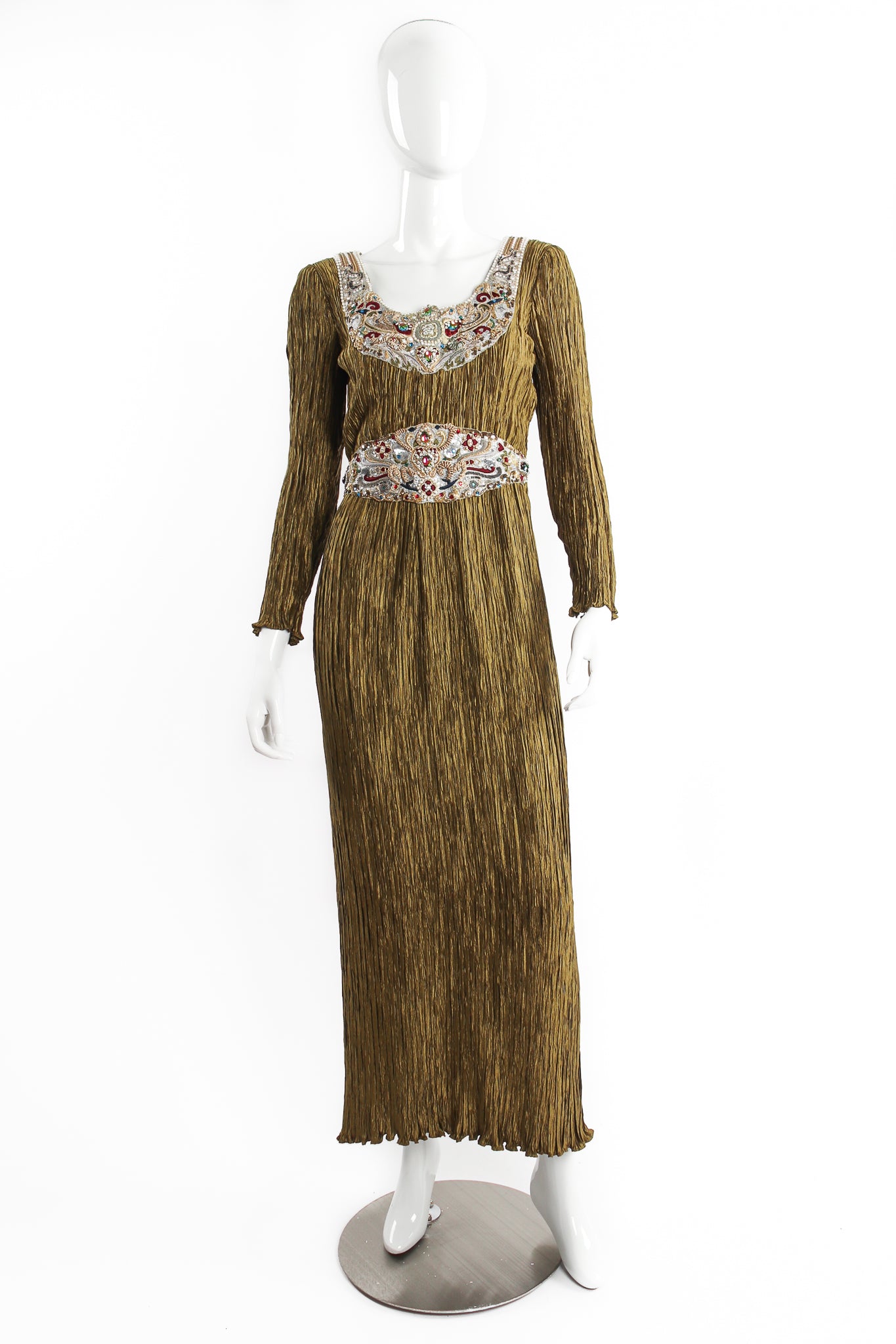 Vintage Mary McFadden Pleated Embellished Column Gown on Mannequin front at Recess Los Angeles