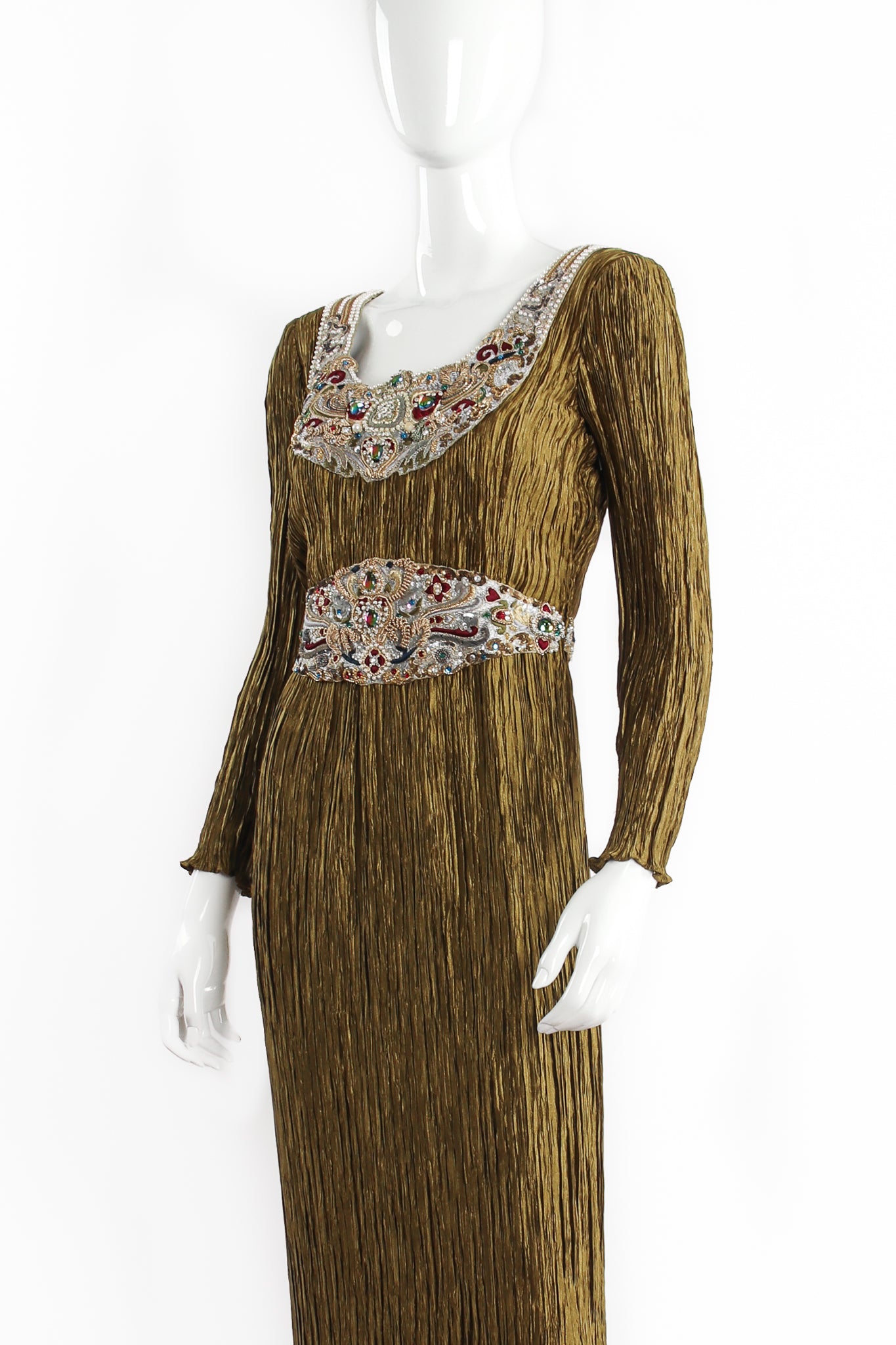 Vintage Mary McFadden Pleated Embellished Column Gown on Mannequin crop at Recess Los Angeles