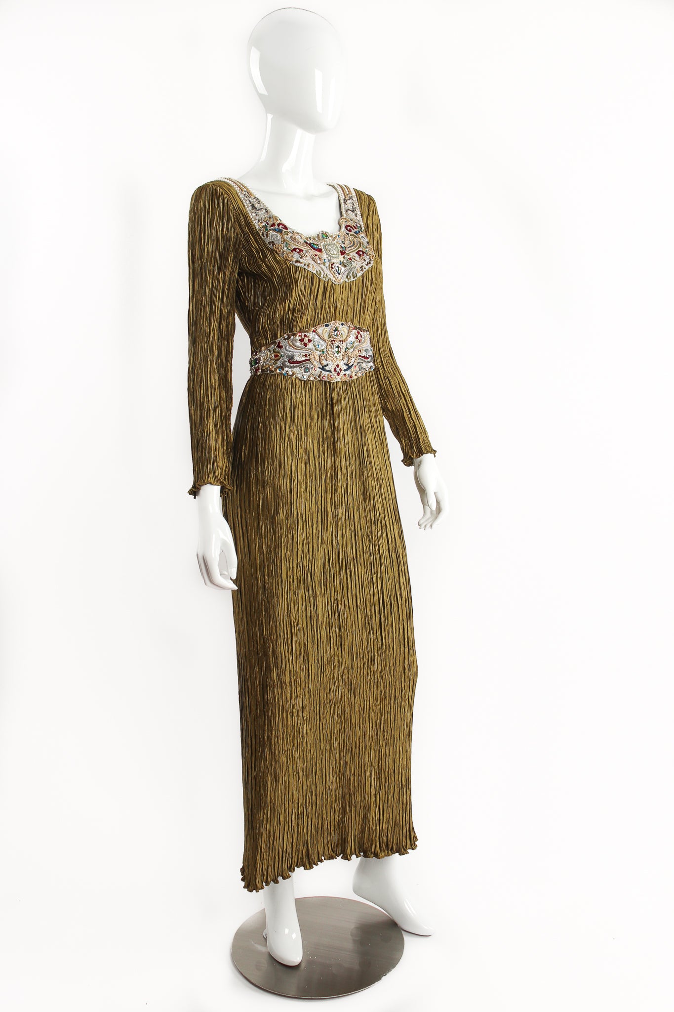 Vintage Mary McFadden Pleated Embellished Column Gown on Mannequin angle at Recess Los Angeles