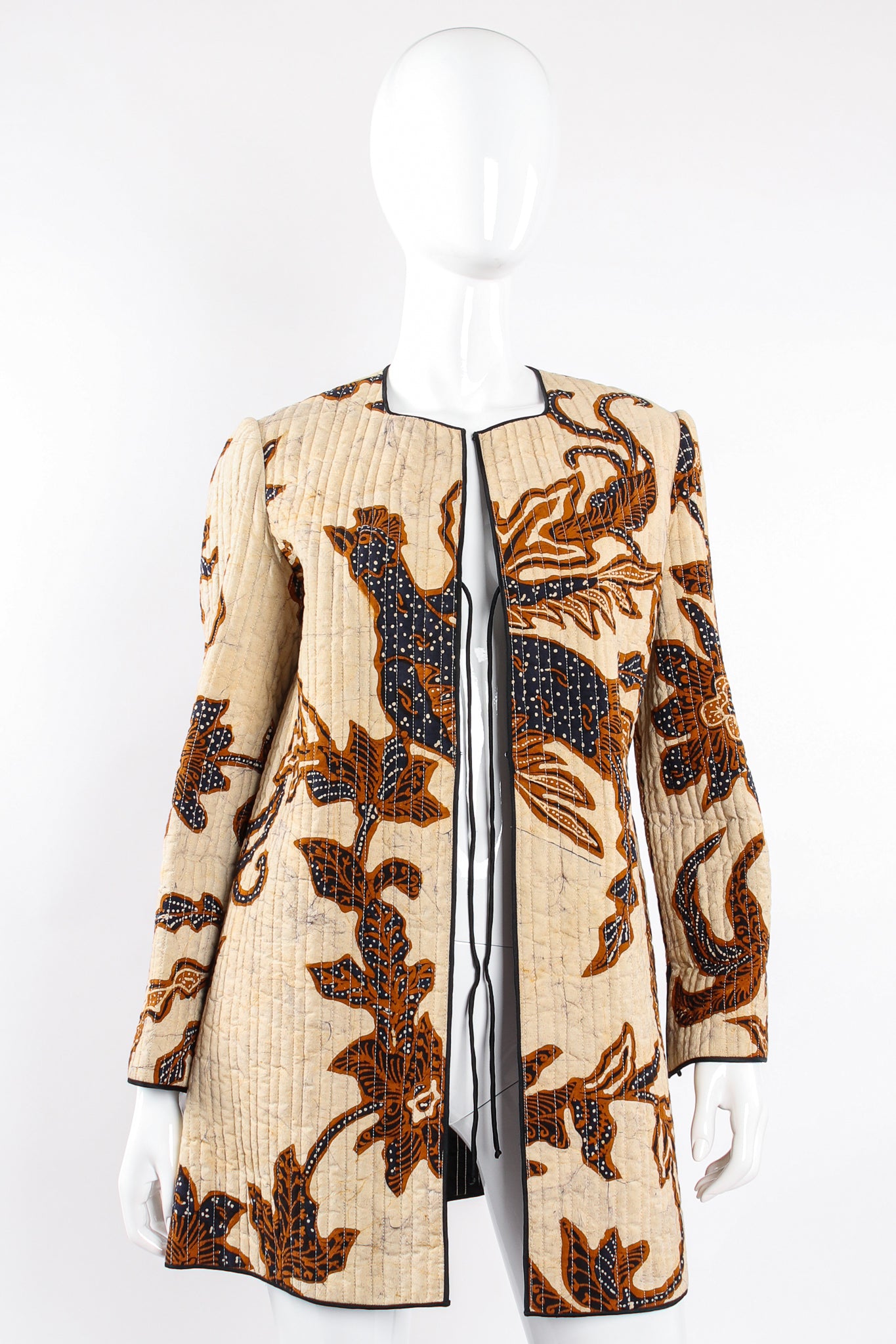 Vintage Mary McFadden Products Quilted Pheasant Jacket on Mannequin front open at Recess LA