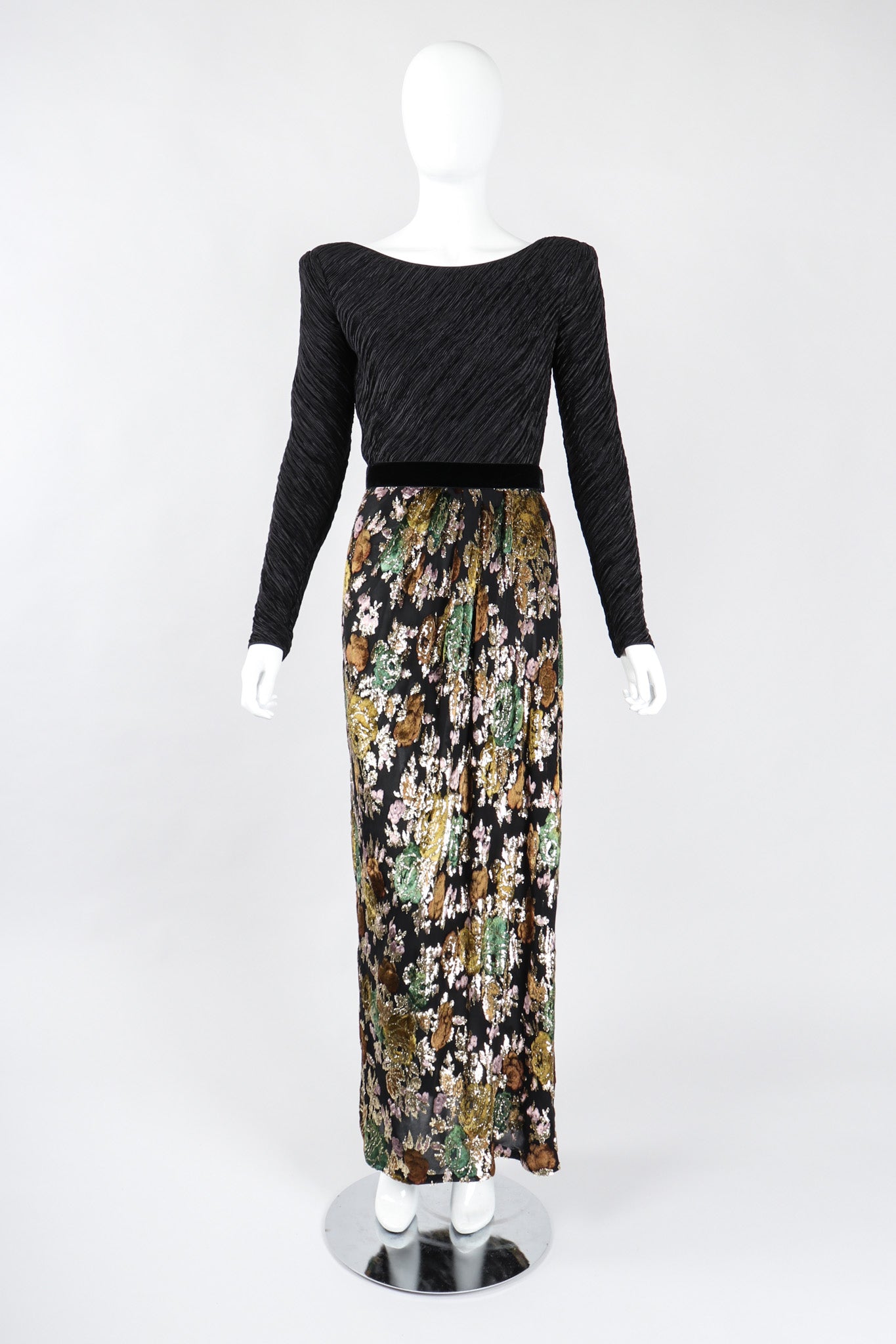 Recess Los Angeles Vintage Mary McFadden Pleated Velvet Lamé Burnout Dress