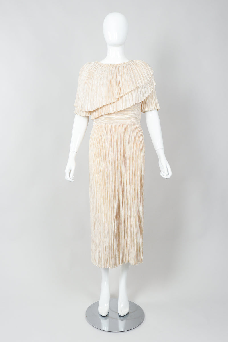 Vintage Mary McFadden Cream Pleated Asymmetrical Draped Collar Dress on Mannequin Front at Recess