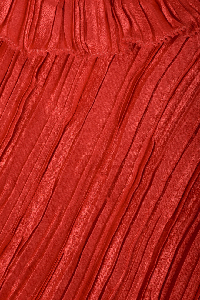 Vintage Mary McFaddden Asymmetrical Ruffle Shoulder Gown Red Pleated Fabric Detail