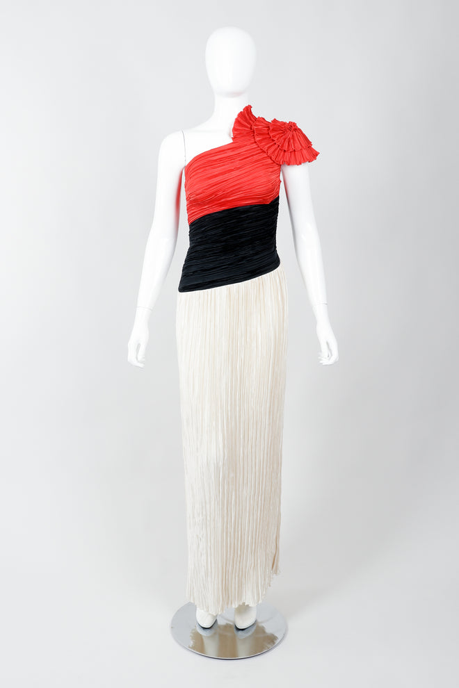 Vintage Mary McFaddden Asymmetrical Ruffle Shoulder Gown on Mannequin Front at Recess