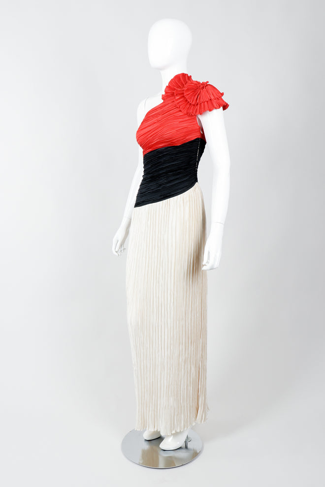 Vintage Mary McFaddden Asymmetrical Ruffle Shoulder Gown on Mannequin angled at Recess