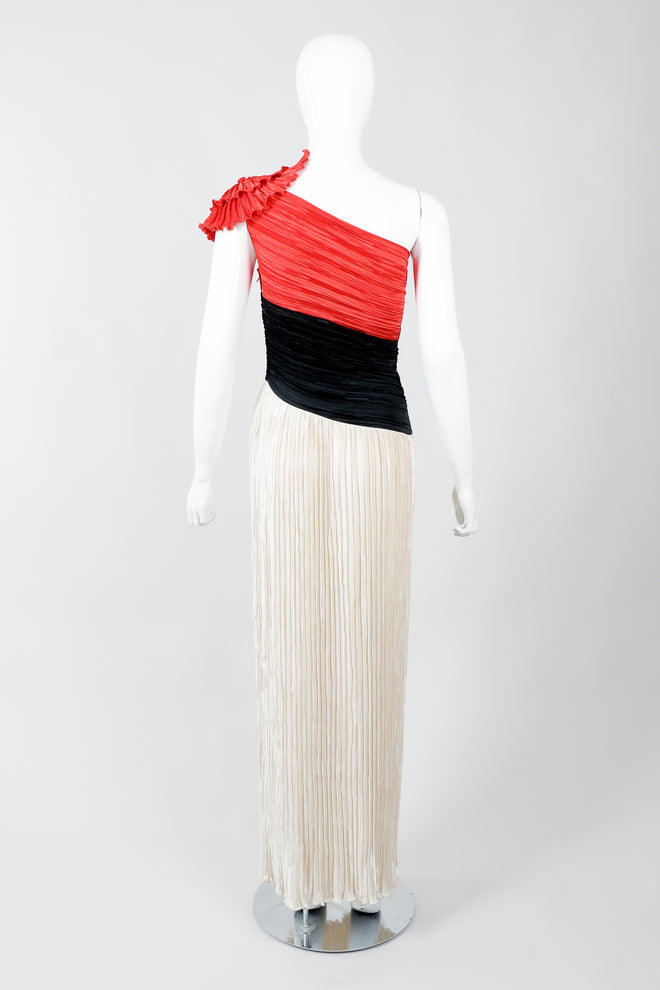 Vintage Mary McFaddden Asymmetrical Ruffle Shoulder Gown on Mannequin back at Recess
